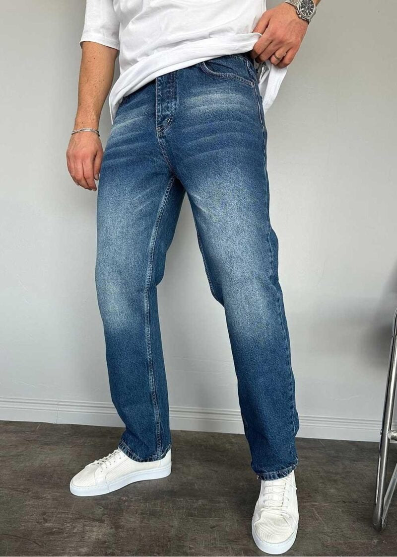 Baggy Denim Τζιν Παντελόνι Με Ραφές Και Ξεβαμμένο Εφέ – Μπλε
