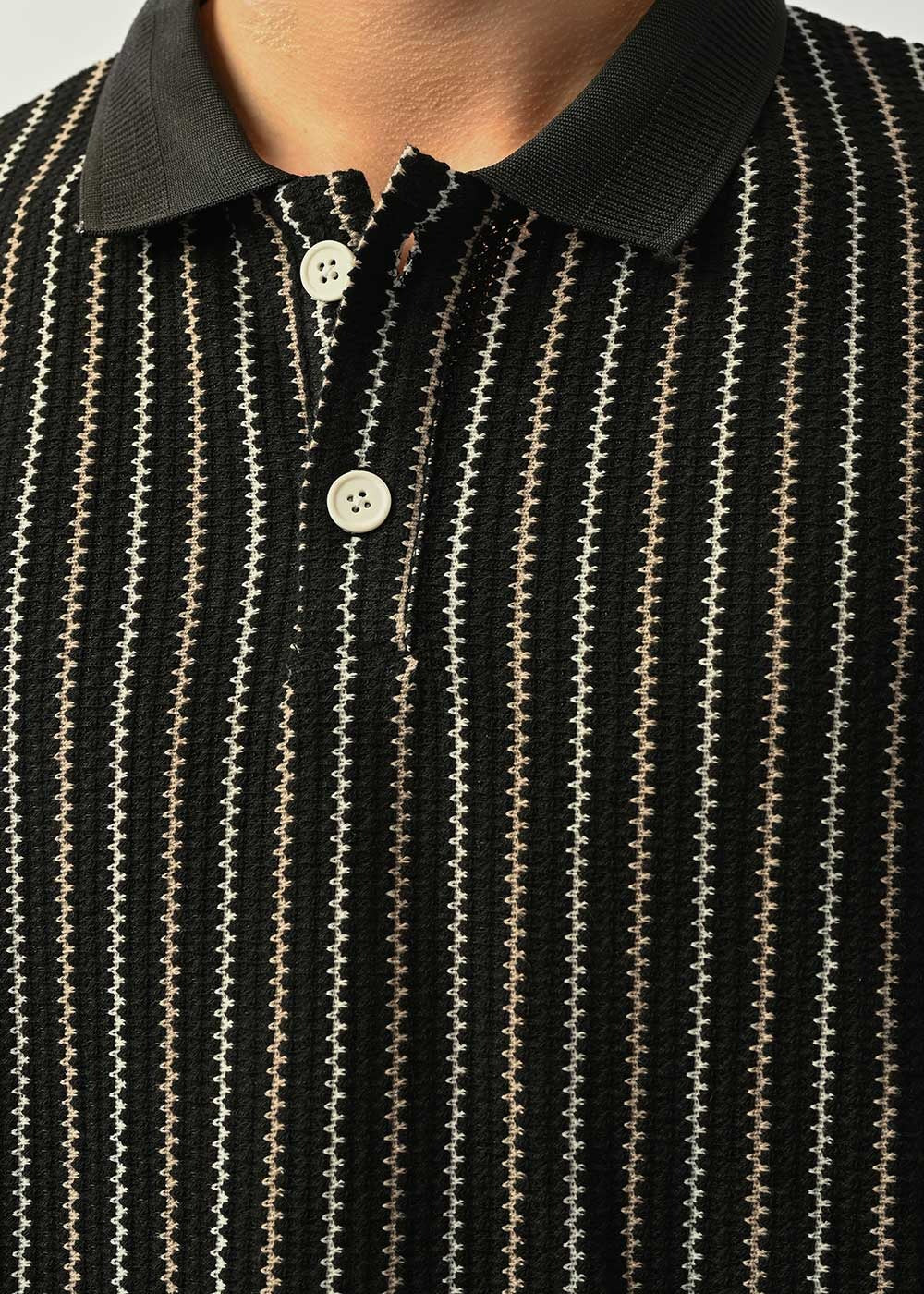 Ρετρό Ριγέ Πλεκτό Polo T-Shirt - Μαύρο – 2