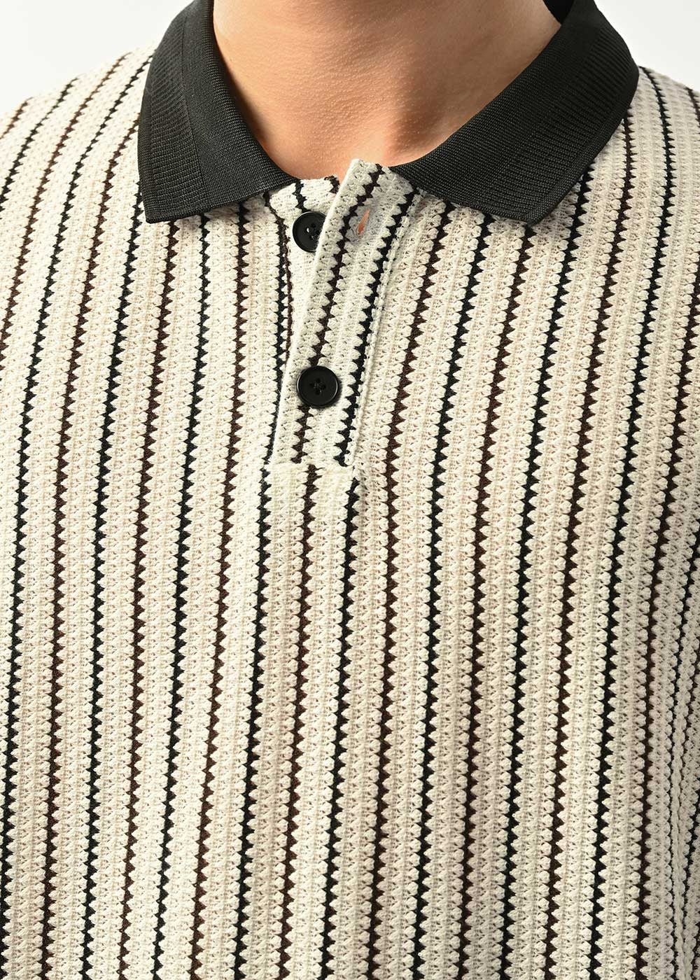 Ρετρό Ριγέ Πλεκτό Polo T-Shirt - Μπεζ – 2