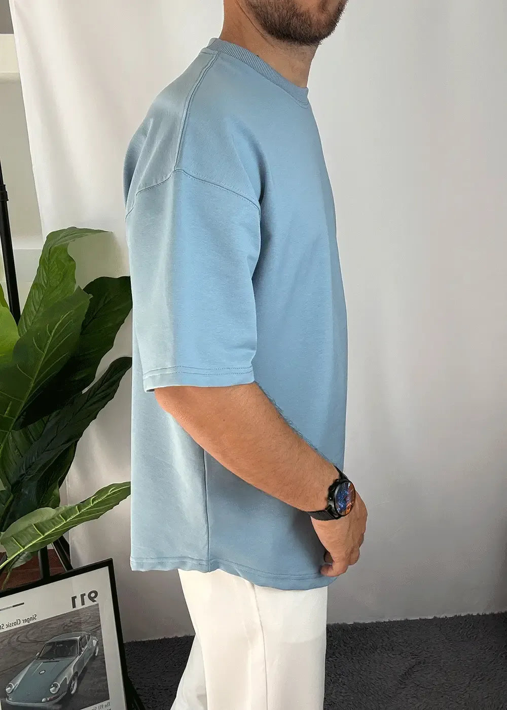Basic Oversized T-Shirt Με Οβάλ Τελείωμα Σε Ύφανση Δύο Κλωστών – Γαλάζιο – 6