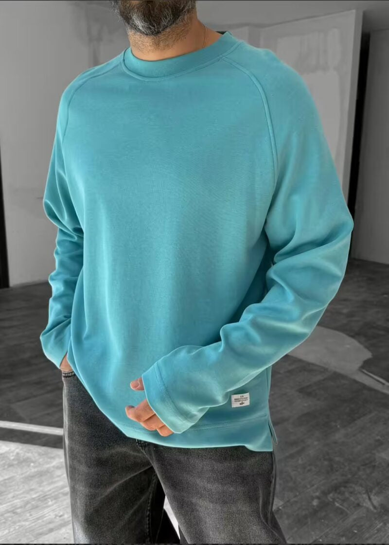 Oversized Λεπτή Μπλούζα Φούτερ Με Στρογγυλό Γιακά – Γαλάζιο Ουρανί