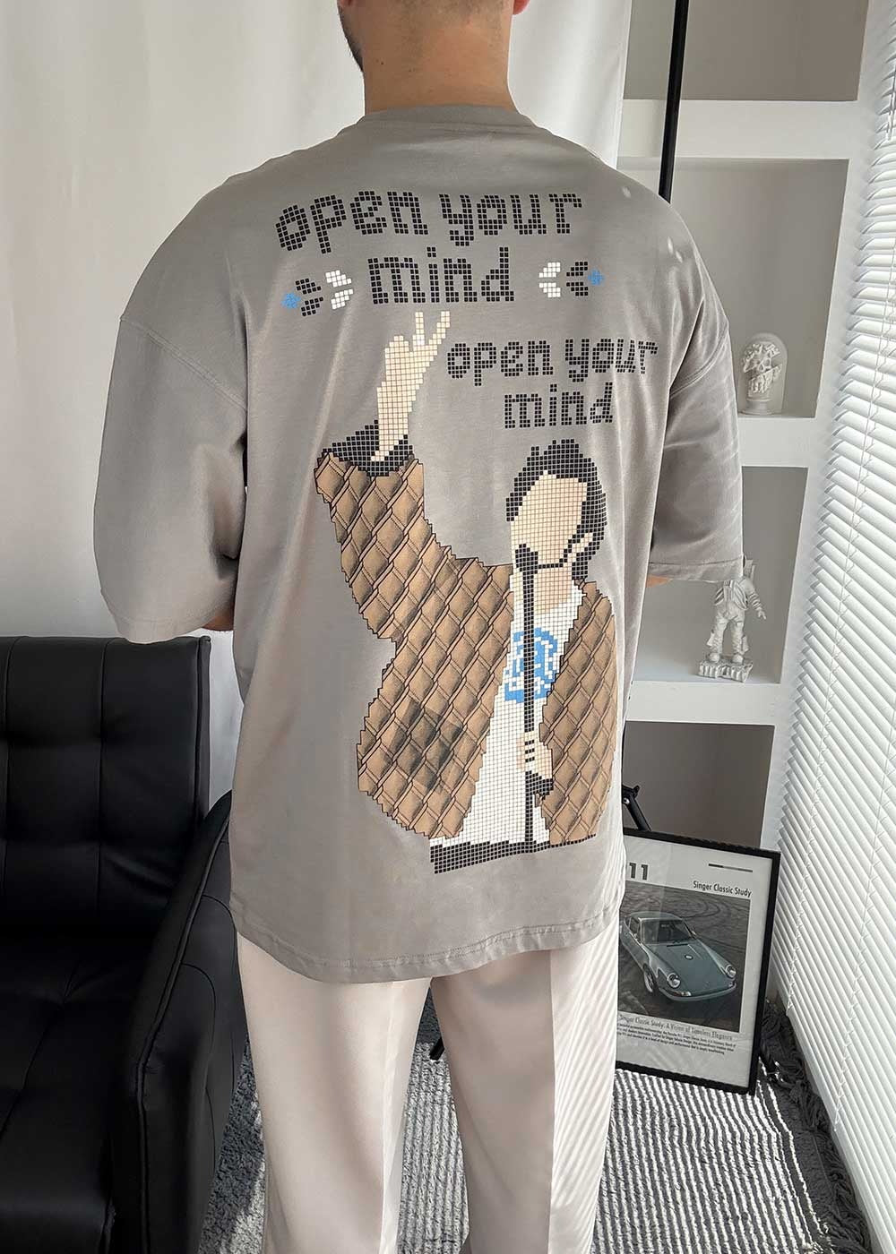 Open Your Mind Oversized T-Shirt με Τύπωμα – Γκρι – 6