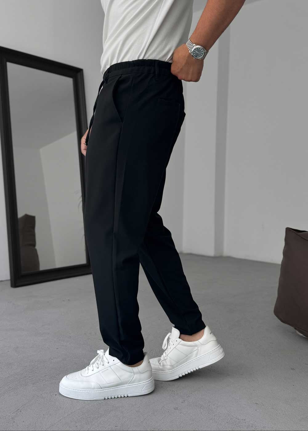 Relaxed Fit Υφασμάτινο Παντελόνι με Λάστιχο – Μαύρο