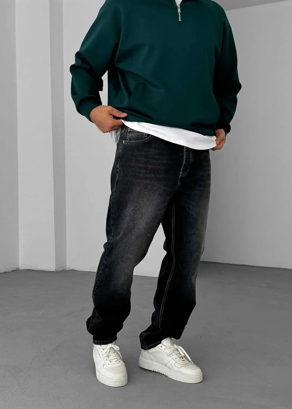 Baggy Denim Τζιν Παντελόνι Με Ραφές Και Ξεβαμμένο Εφέ – Ανθρακί – 7