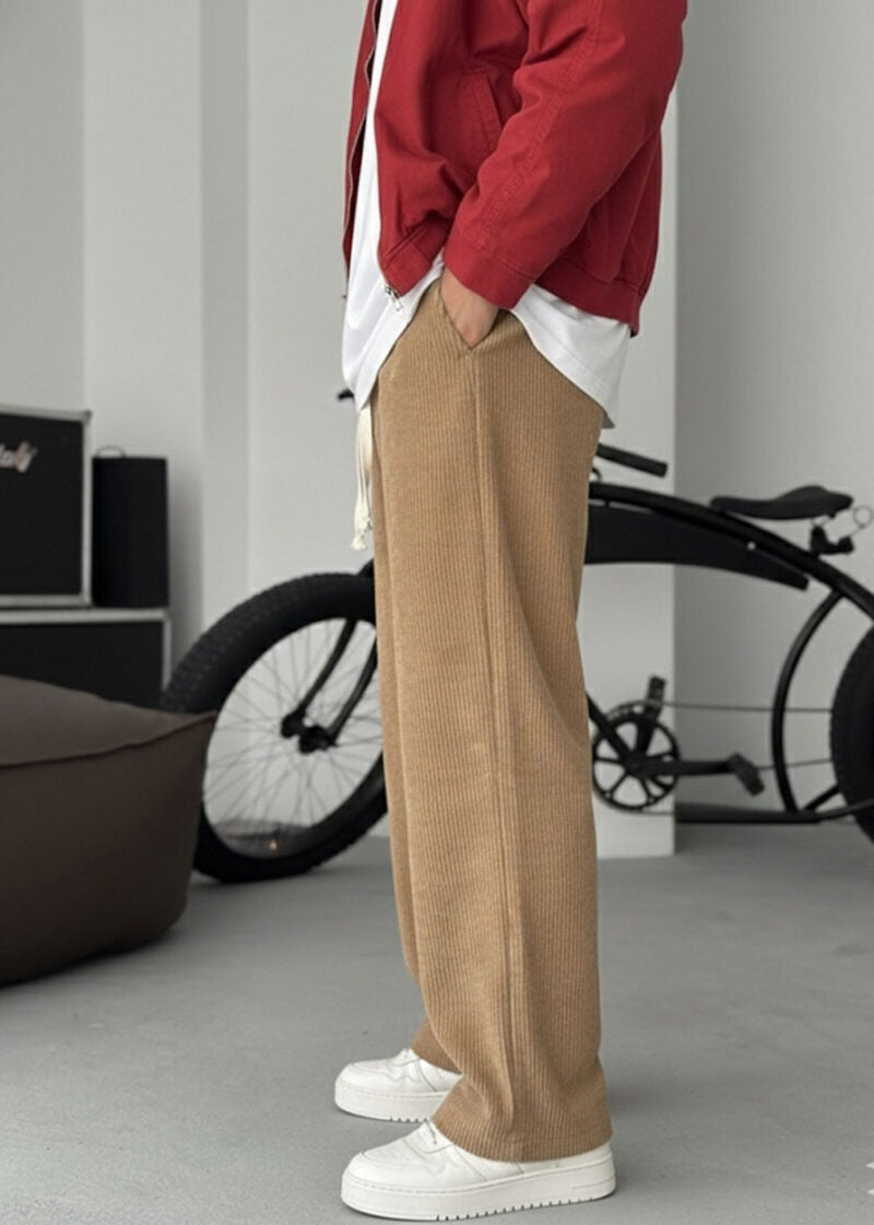 Κοτλέ Corduroy Baggy Παντελόνι με Λάστιχο στη Μέση – Καφέ-Μπεζ – 2