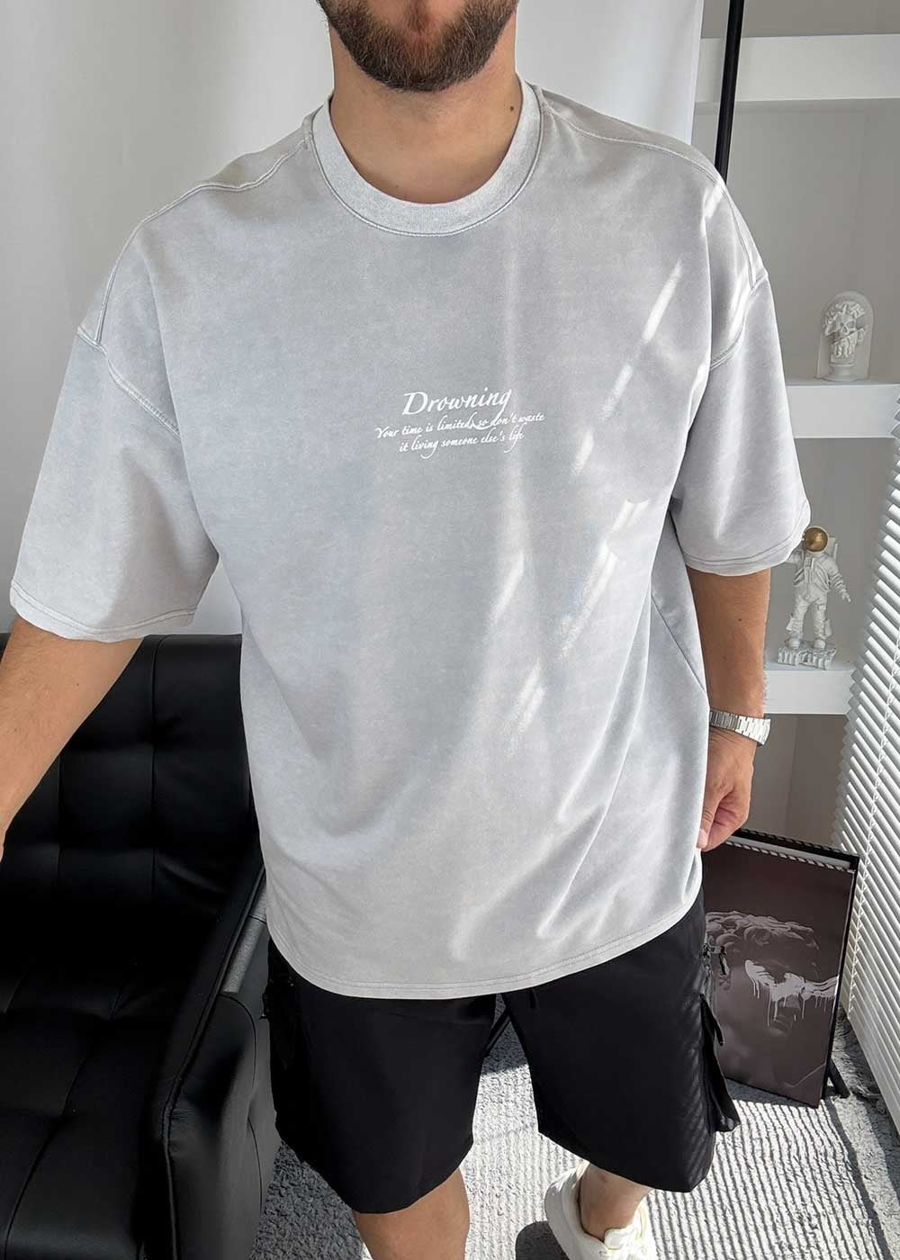 Drowning Oversized T-Shirt με Τύπωμα – Γκρι Ξεβαμμένο – 4