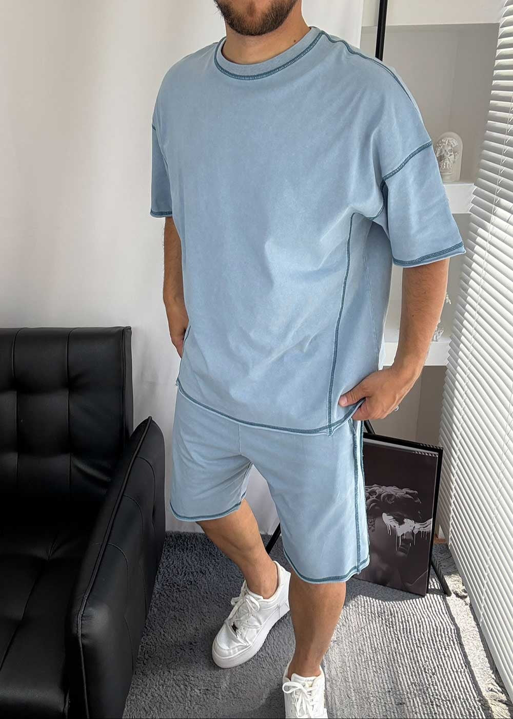 Distressed Σετ Tshirt και Βερμούδα με Λάστιχο στη Μέση – Γαλάζιο Ξεβαμμένο – 5