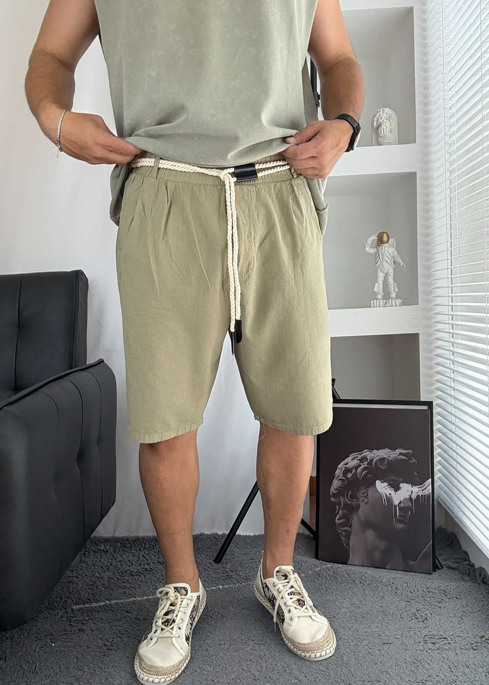 Oversized Λινή Βερμούδα Με Κορδόνι- Χακί – 5