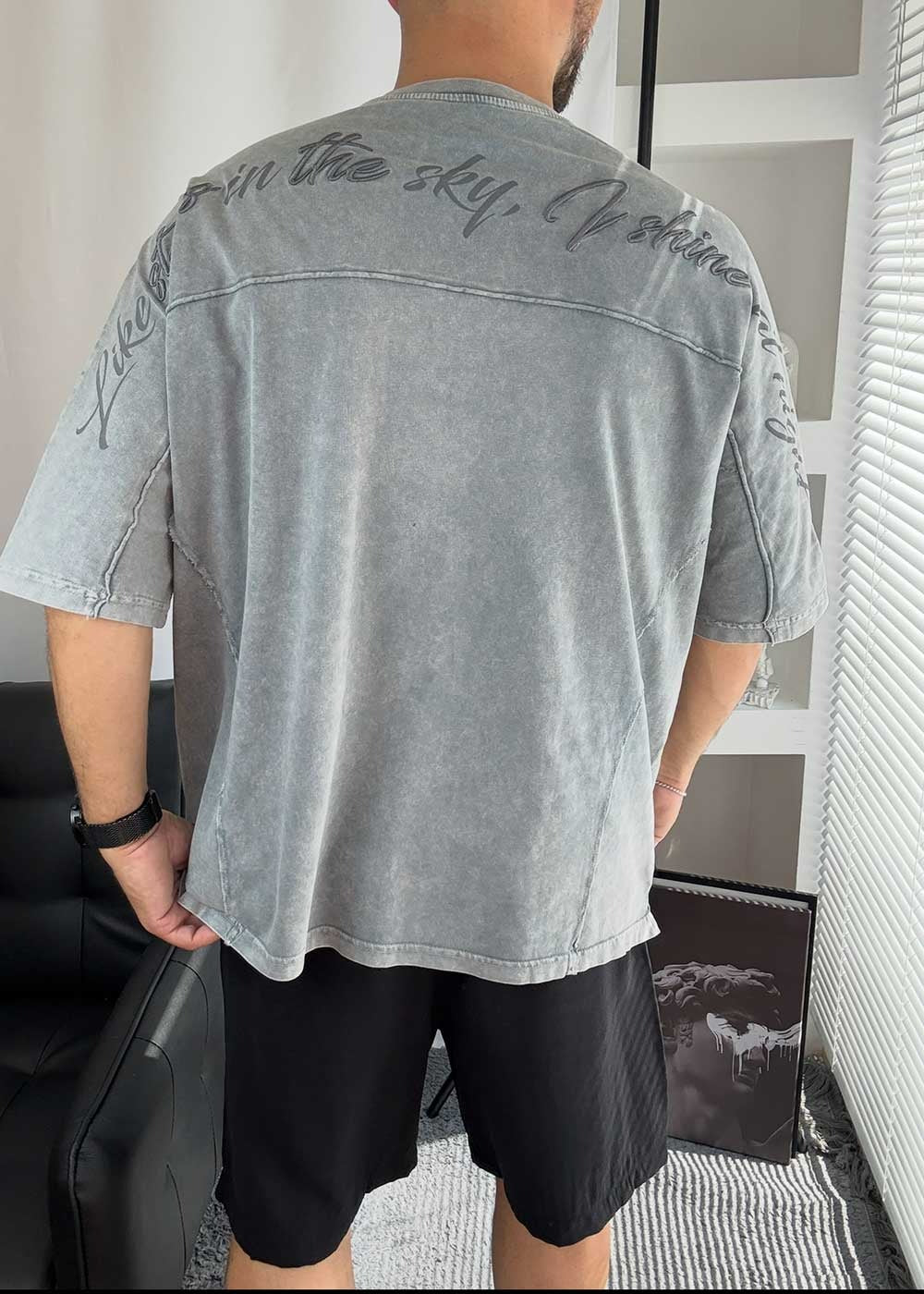Oversized T-Shirt με Κέντημα Like Stars και Εξωτερικές Ραφές -Γκρι – 6