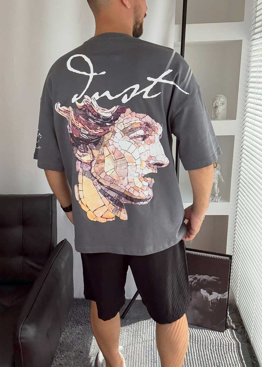 Mosaic Art Oversized T-Shirt με Τύπωμα – Ανθρακί – 6