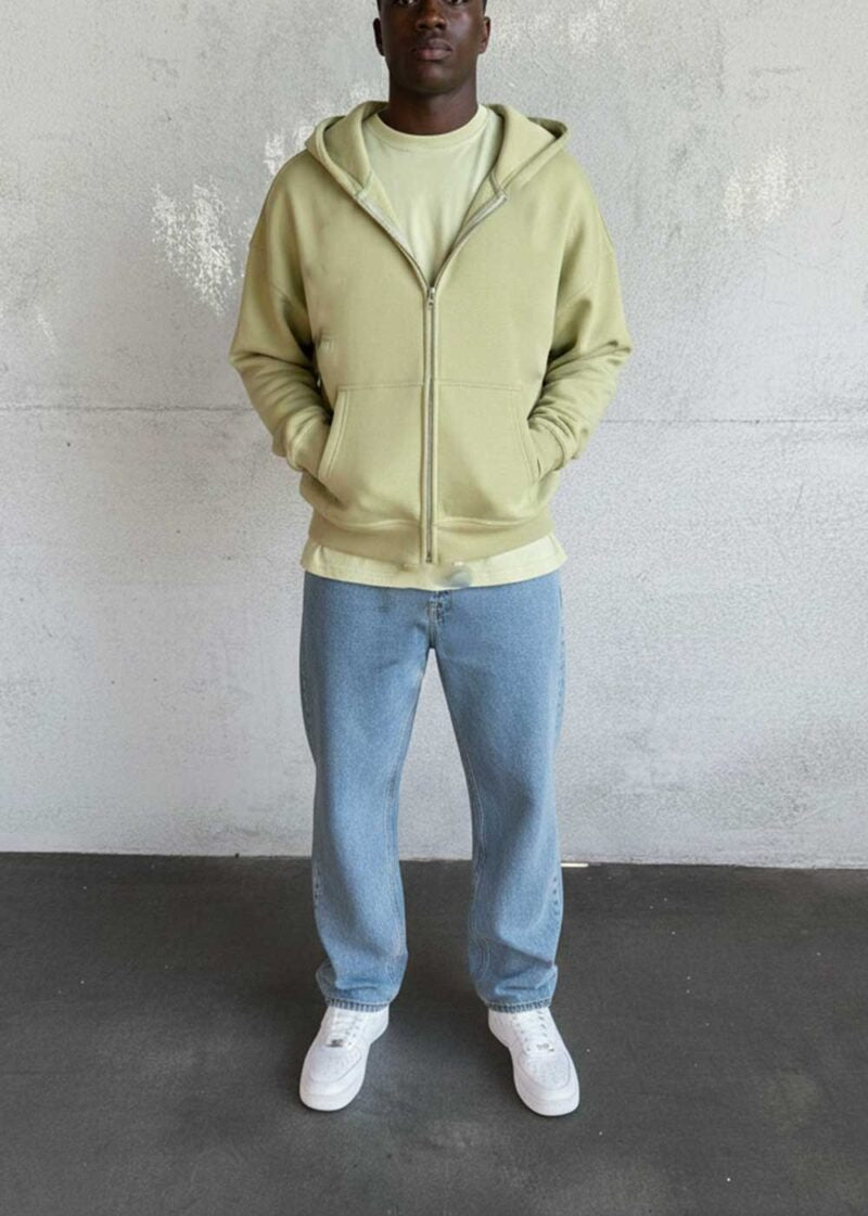 Oversized Ζακέτα Φούτερ με Διπλό Άνοιγμα Φερμουάρ Εσωτερική Επένδυση – Λαδί