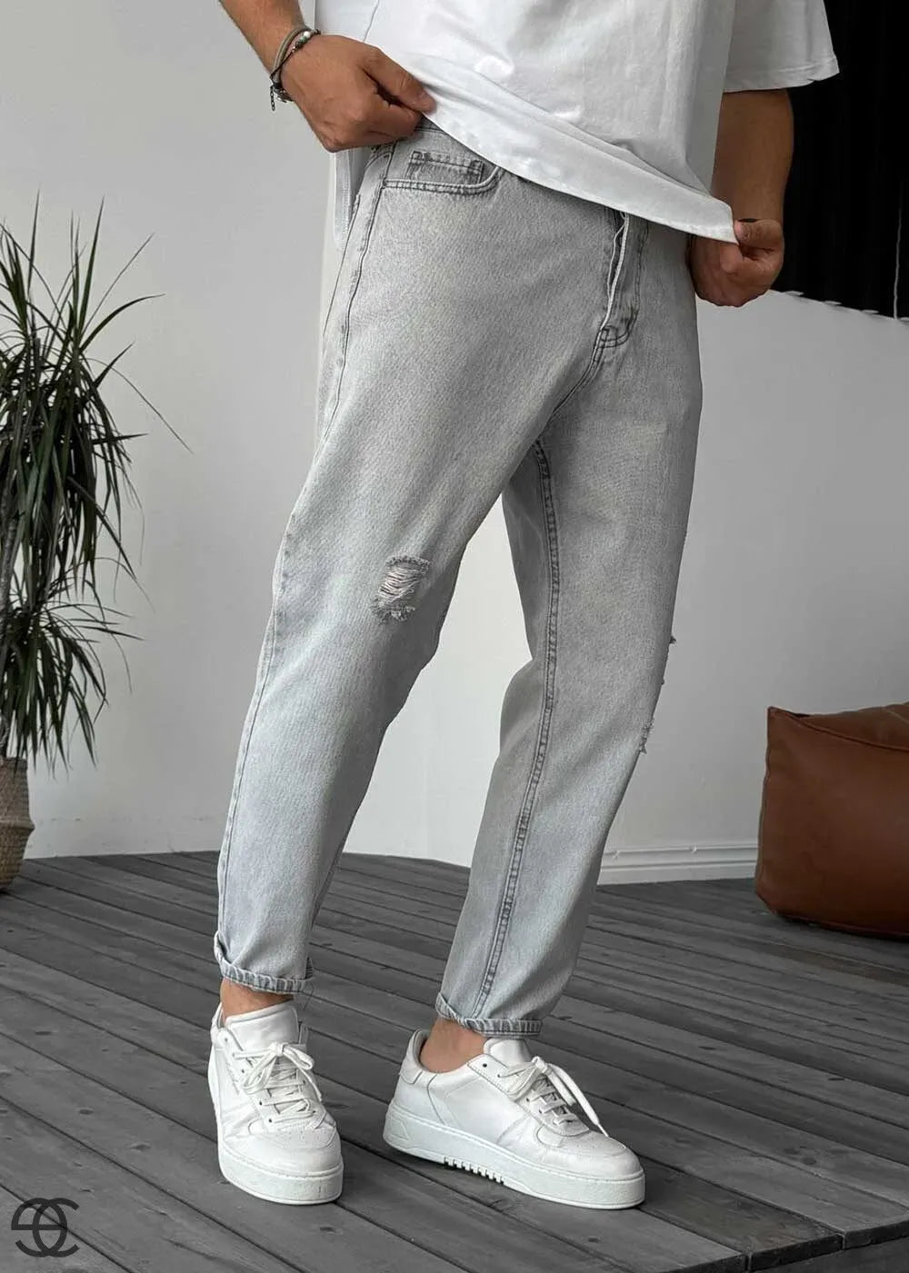 Παντελόνι Τζιν Loose Fit Με Σκισίματα - Γκρι Ανοιχτό – 7