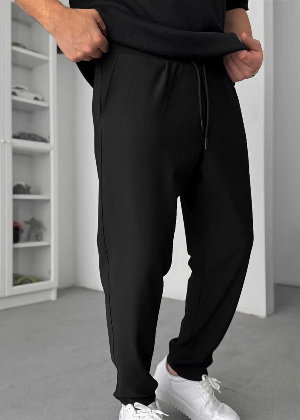 Textured Straight Fit Παντελόνι – Μαύρο – 5