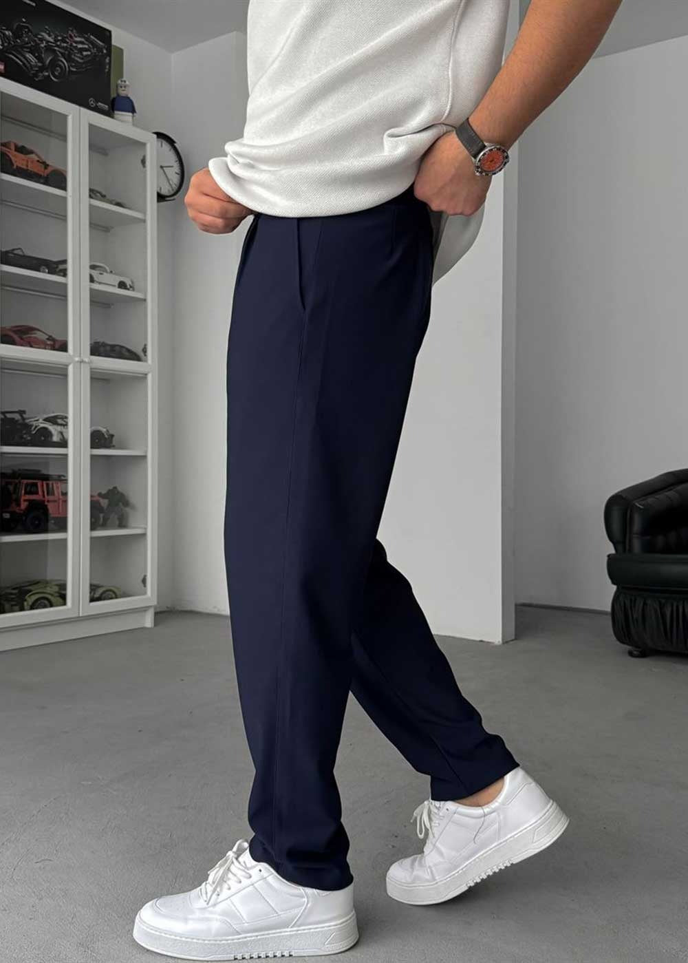 Textured Straight Fit Παντελόνι – Μπλε – 6