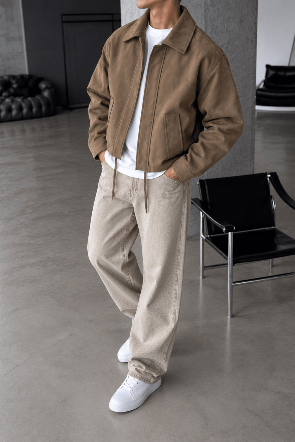 Τζάκετ Premium Suede Bomber Crop με Γιακά –  Καφέ