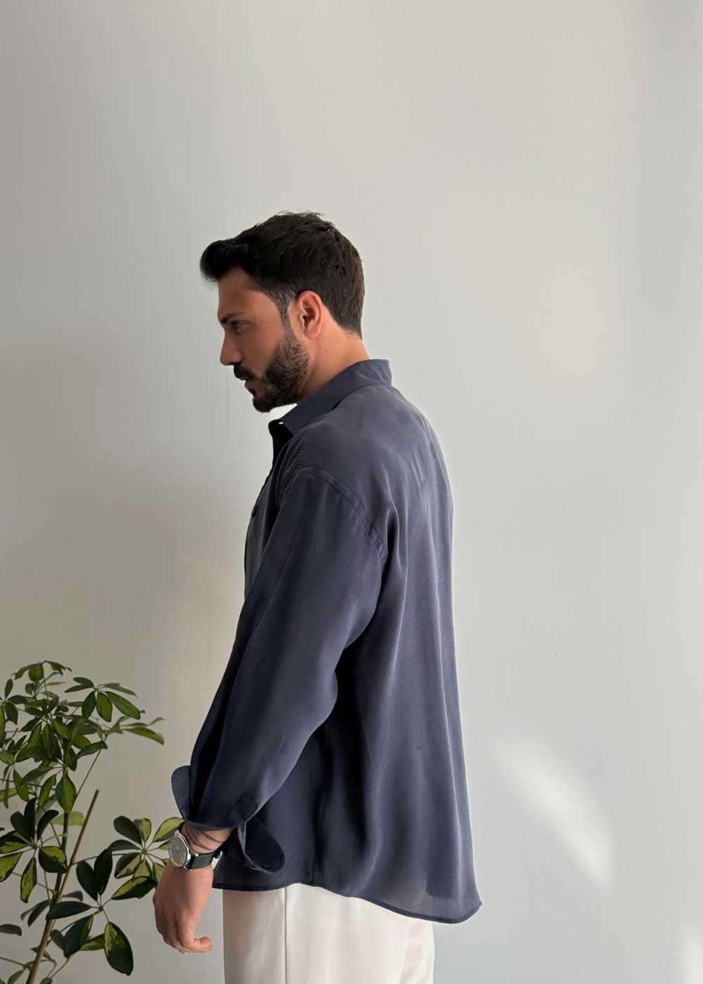 Πουκάμισο Oversized Σε Tencel Ύφανση - Μπλε – 4