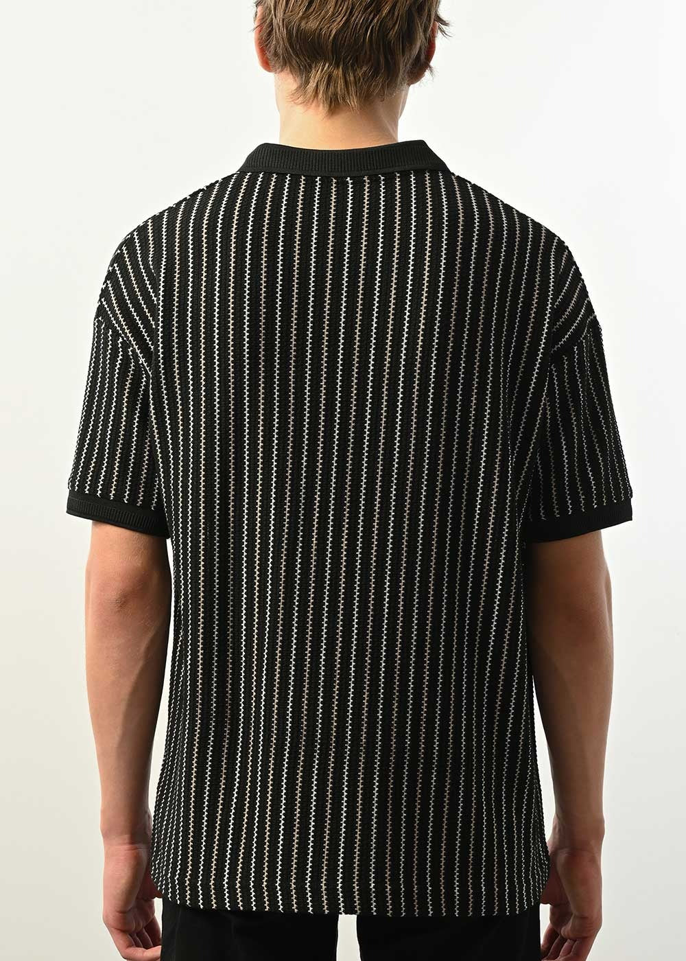 Ρετρό Ριγέ Πλεκτό Polo T-Shirt - Μαύρο – 3