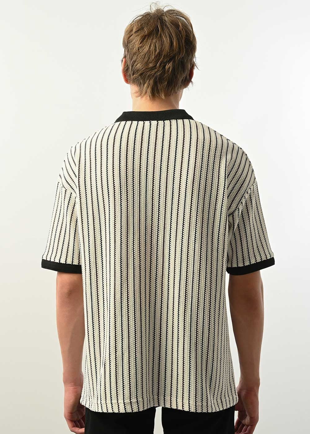 Ρετρό Ριγέ Πλεκτό Polo T-Shirt - Μπεζ – 3