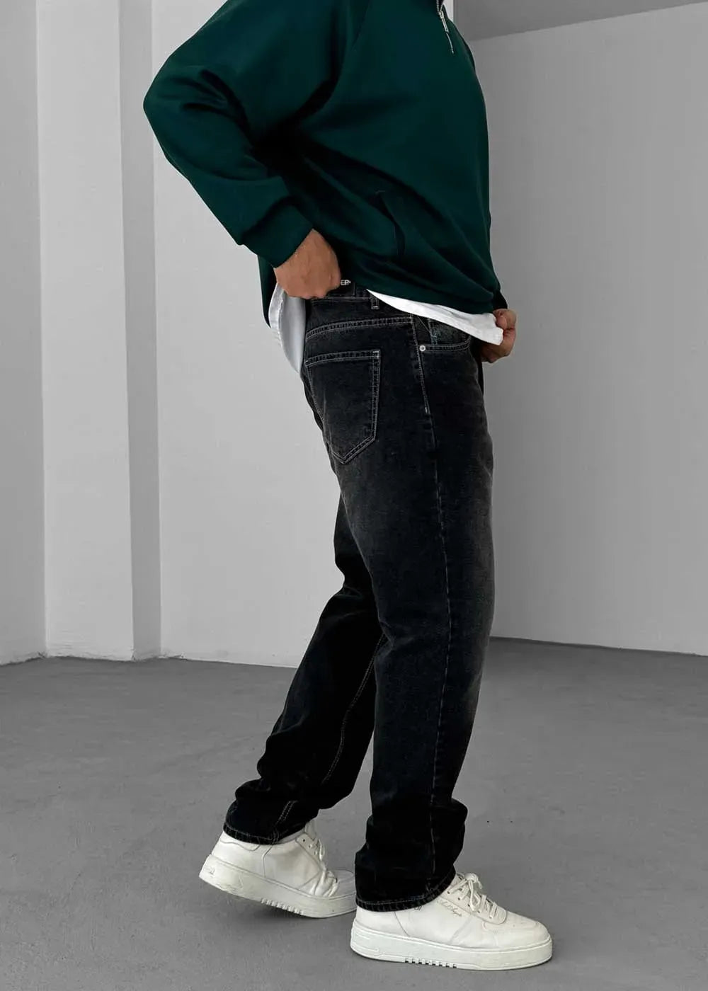 Baggy Denim Τζιν Παντελόνι Με Ραφές Και Ξεβαμμένο Εφέ – Ανθρακί – 5