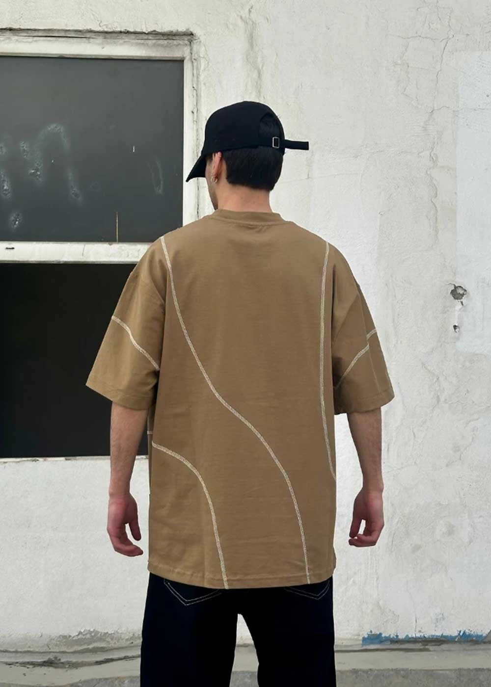 Oversized T-Shirt με Αντίστροφο Κέντημα και Διακοσμητικές Ραφές - Σκούρο Μπεζ – 2