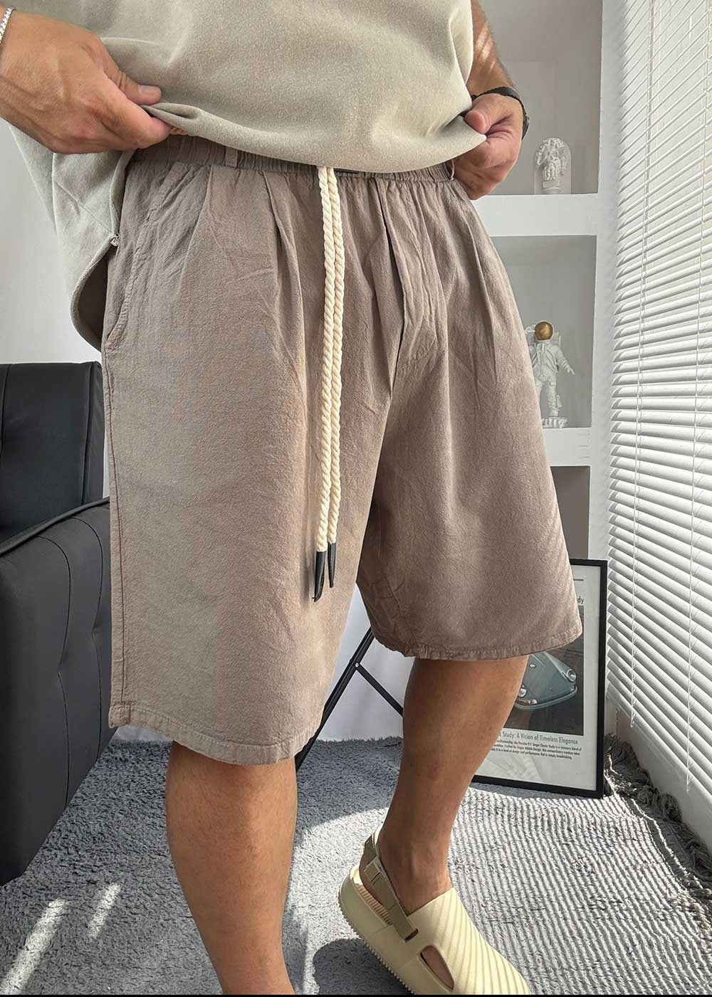 Oversized Λινή Βερμούδα Με Κορδόνι- Καφέ – 6