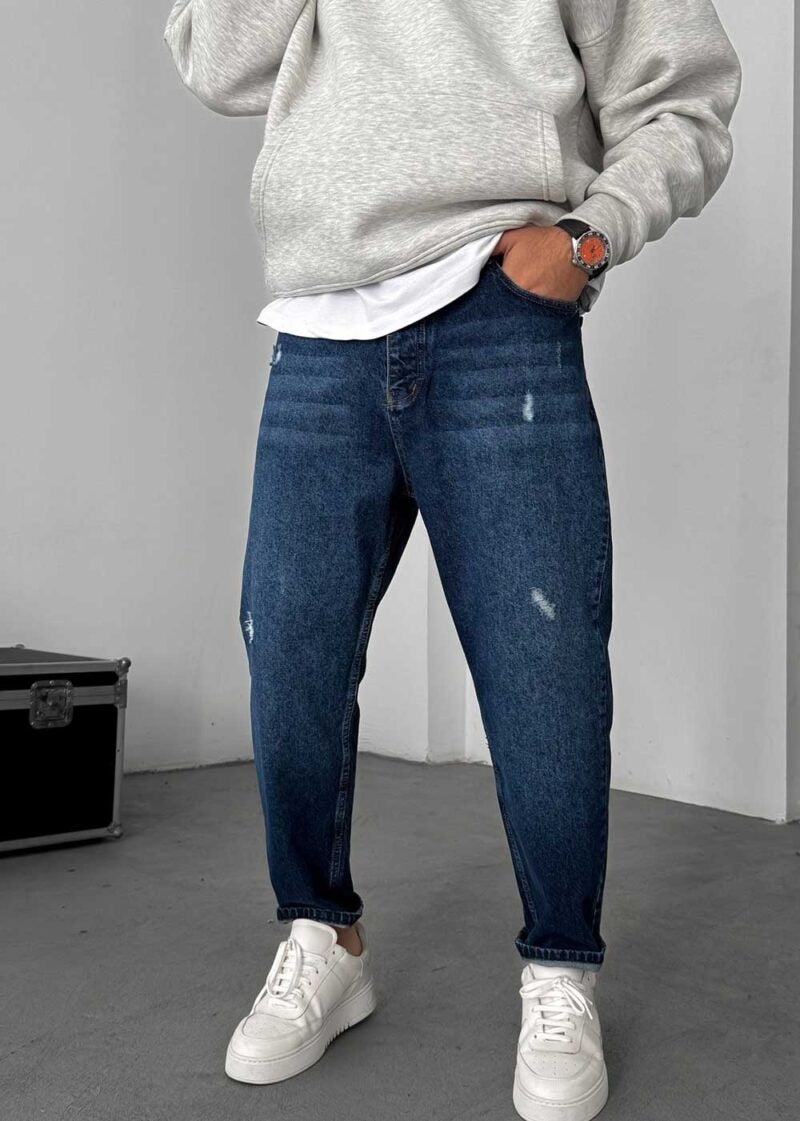 Παντελόνι Τζιν Loose Fit Με Εφέ Σκισιμάτων - Σκούρο Μπλε