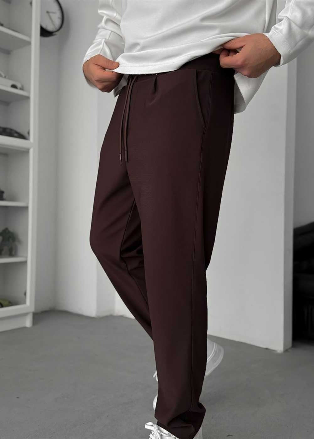 Textured Straight Fit Παντελόνι – Καφέ – 7