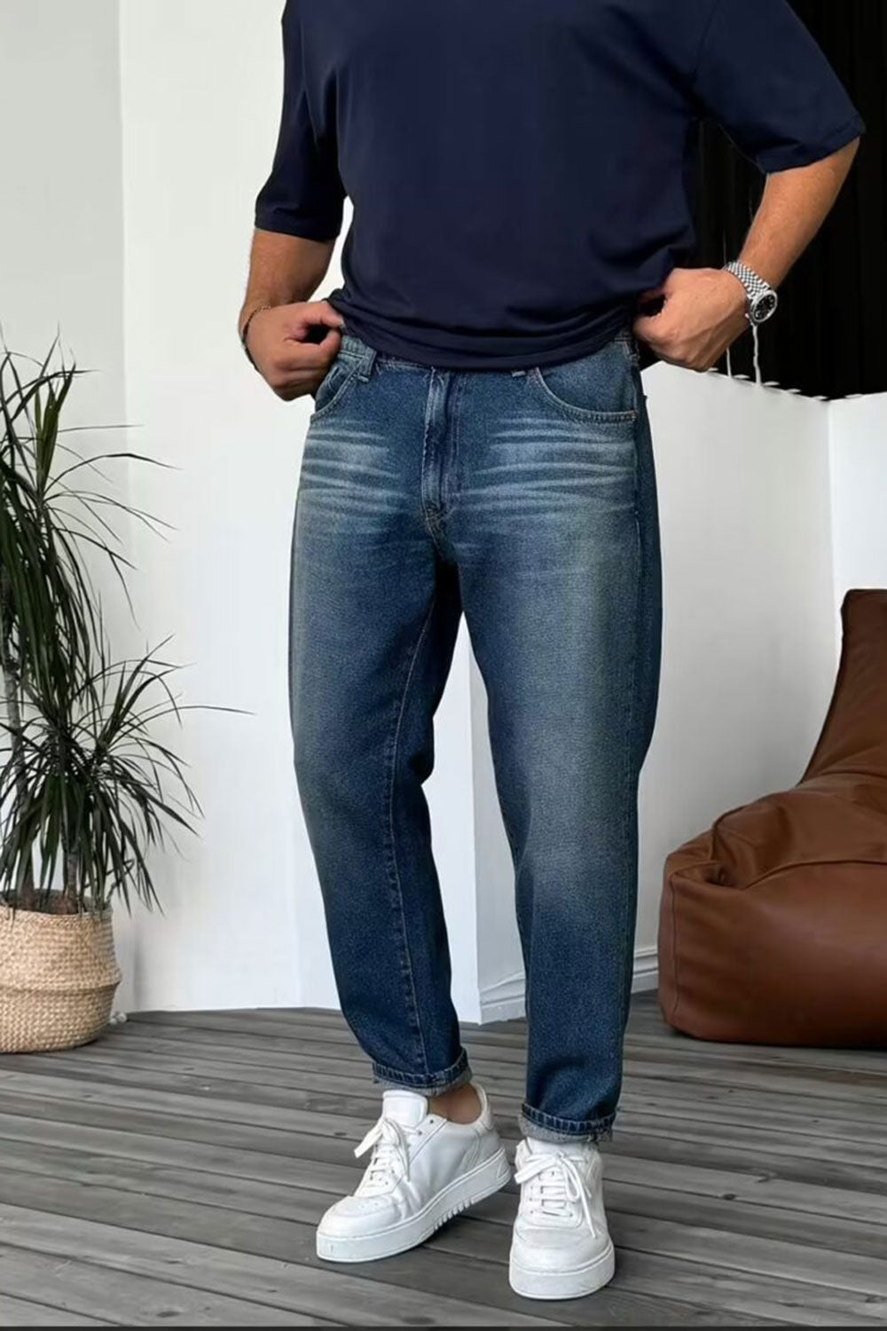Παντελόνι Τζιν Loose Fit Πετροπλυμένο Με Εφέ Ξεβαμμένου - Σκούρο Μπλε
