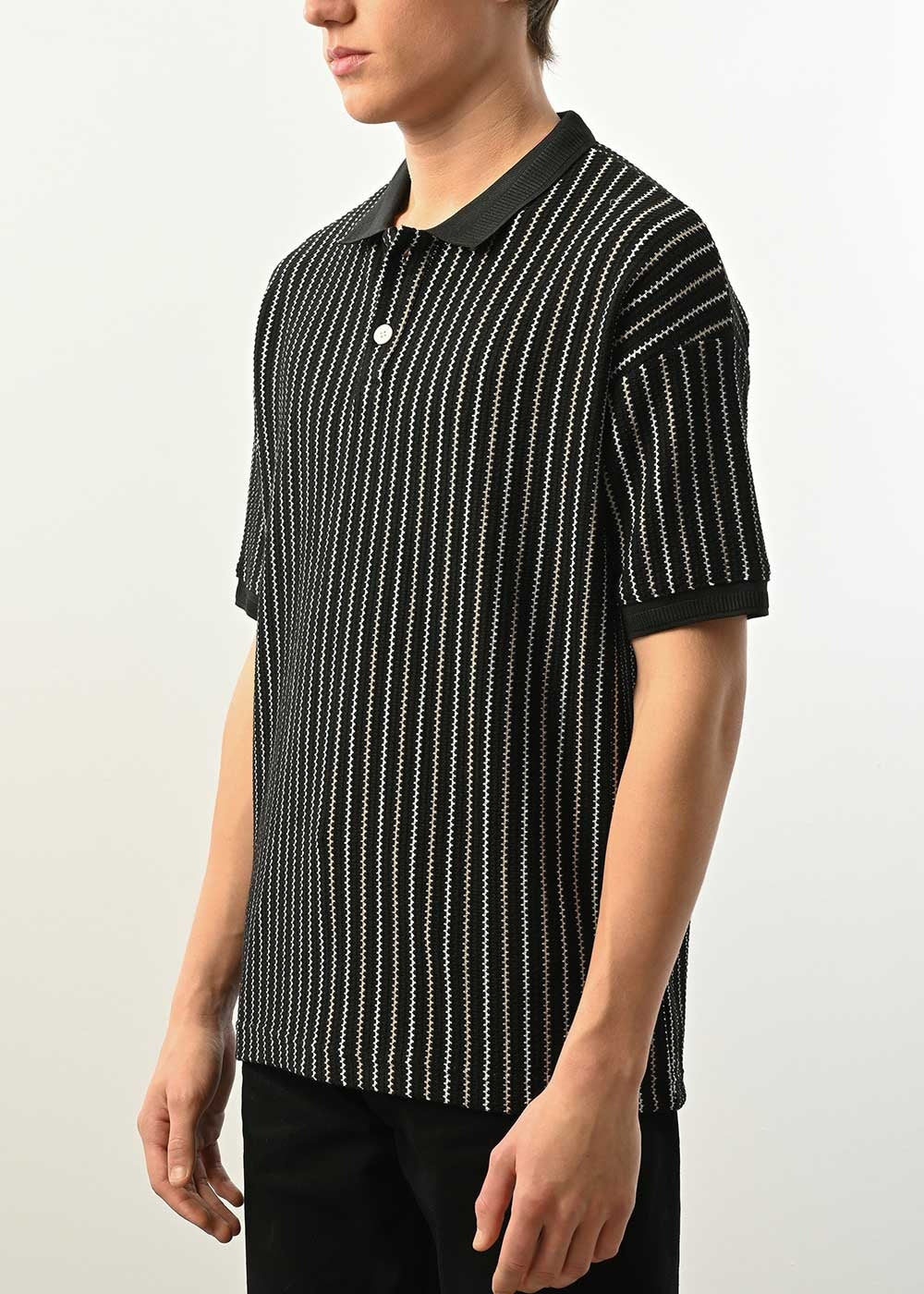 Ρετρό Ριγέ Πλεκτό Polo T-Shirt - Μαύρο – 4