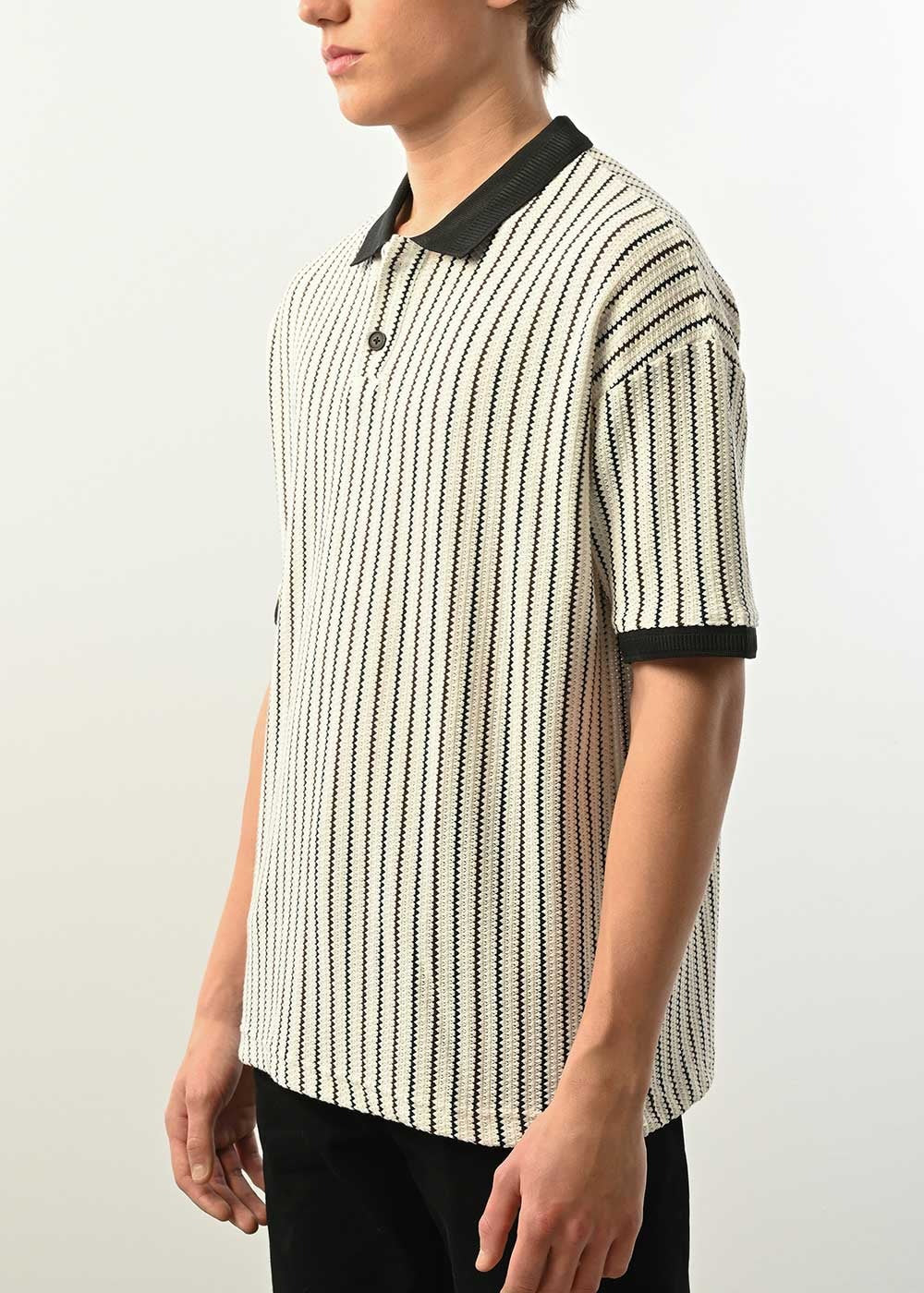 Ρετρό Ριγέ Πλεκτό Polo T-Shirt - Μπεζ – 4