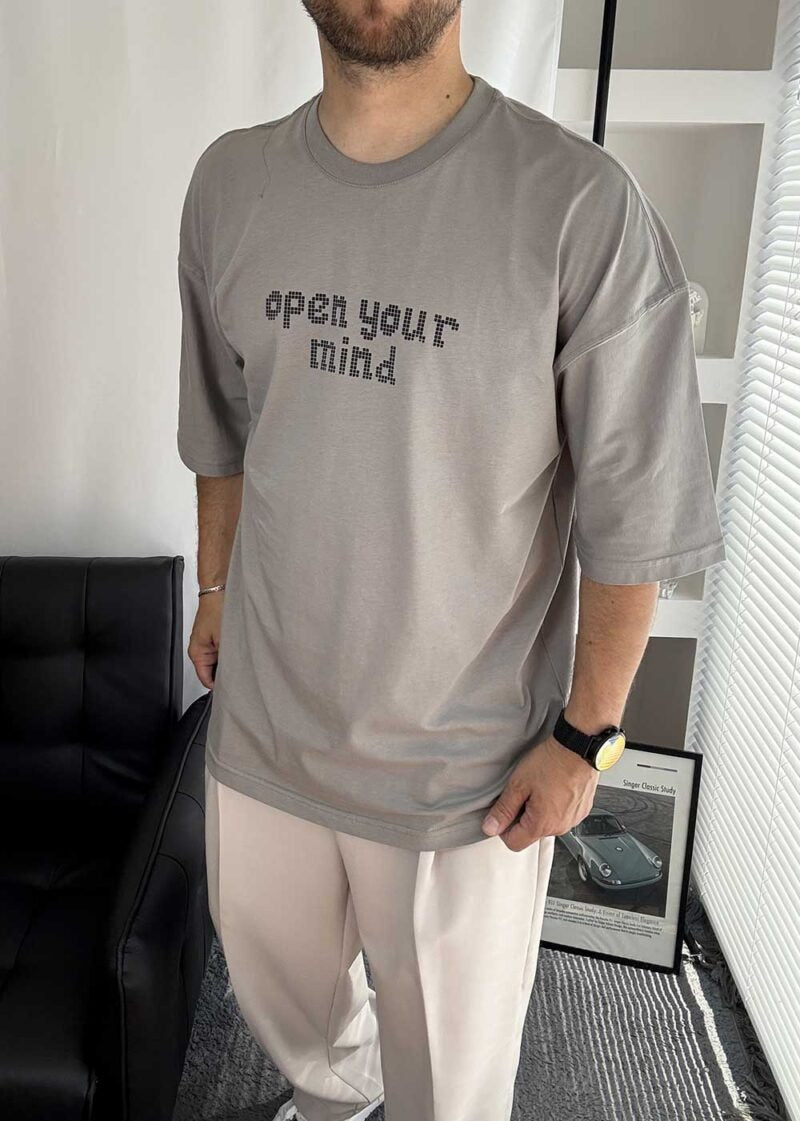 Open Your Mind Oversized T-Shirt με Τύπωμα – Γκρι – 7