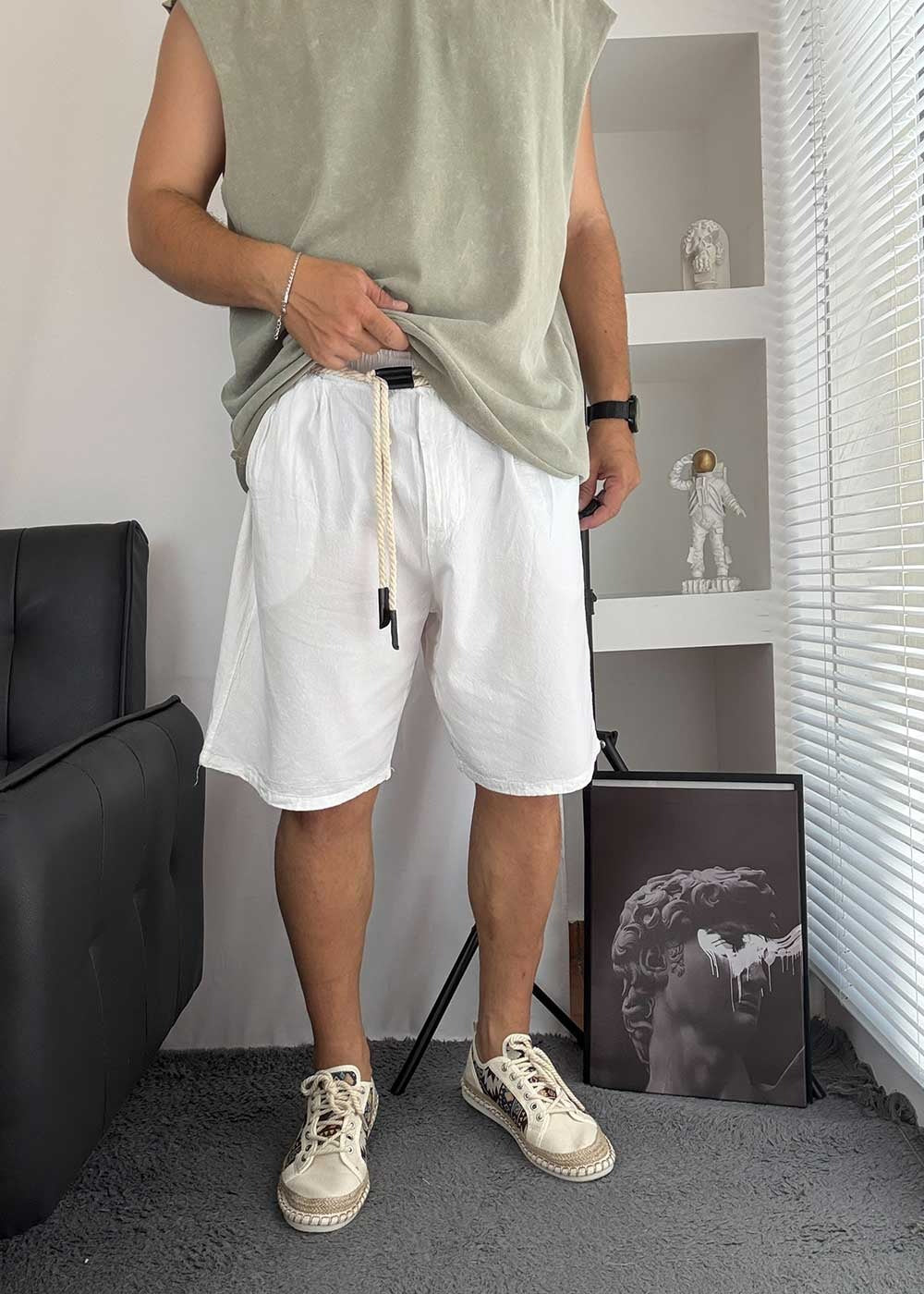 Oversized Λινή Βερμούδα Με Κορδόνι- Λευκό – 6