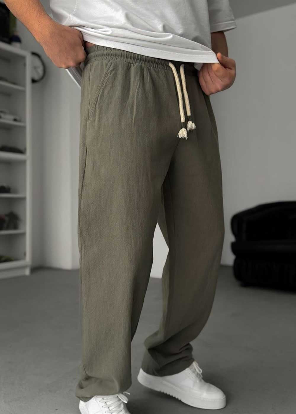 Baggy Παντελόνι Linen-Touch – Χακί – 5