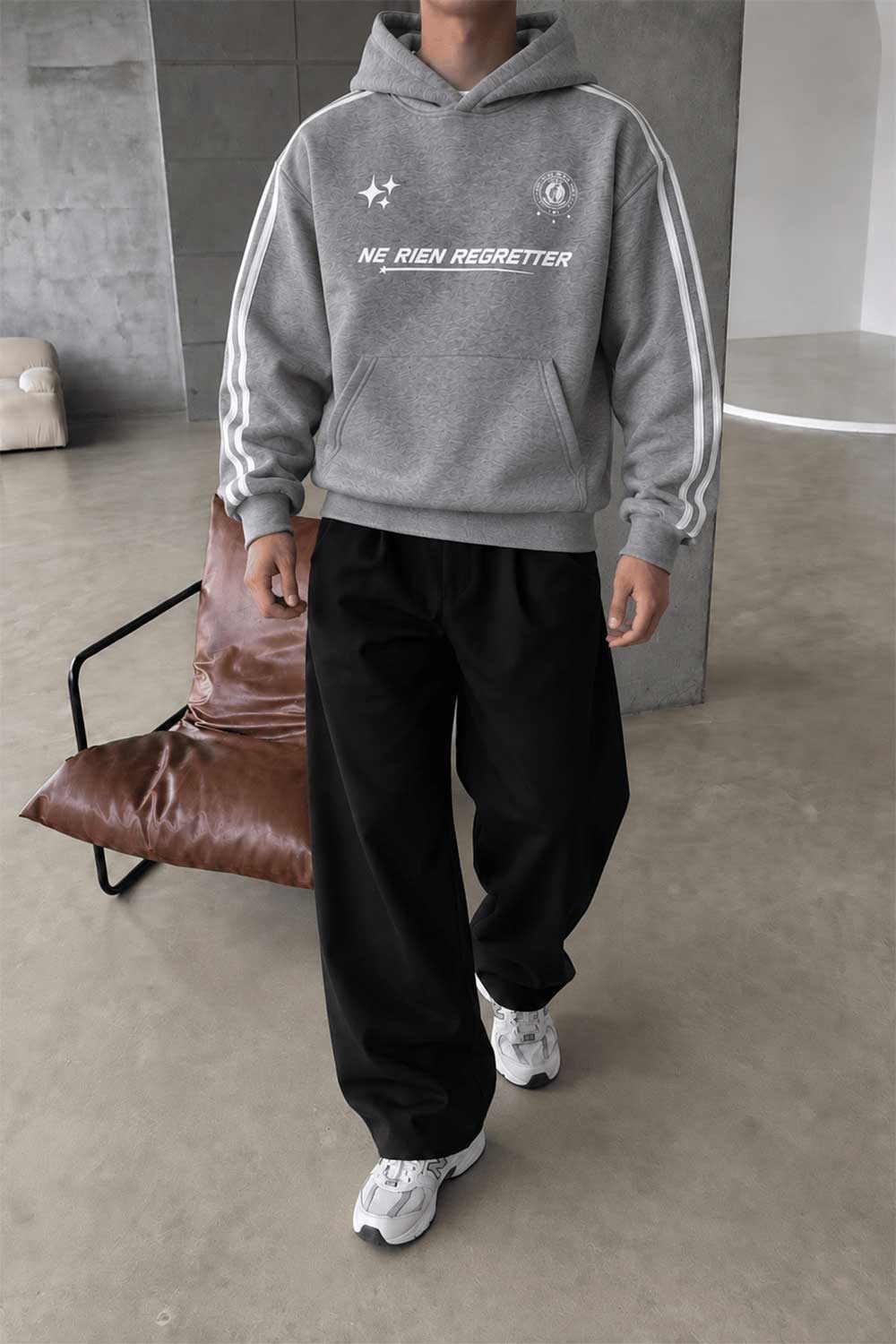 Φούτερ Boxy Fit Με Κουκούλα, Ρίγες & Τυπώματα Με Εσωτερική Επένδυση – Γκρι