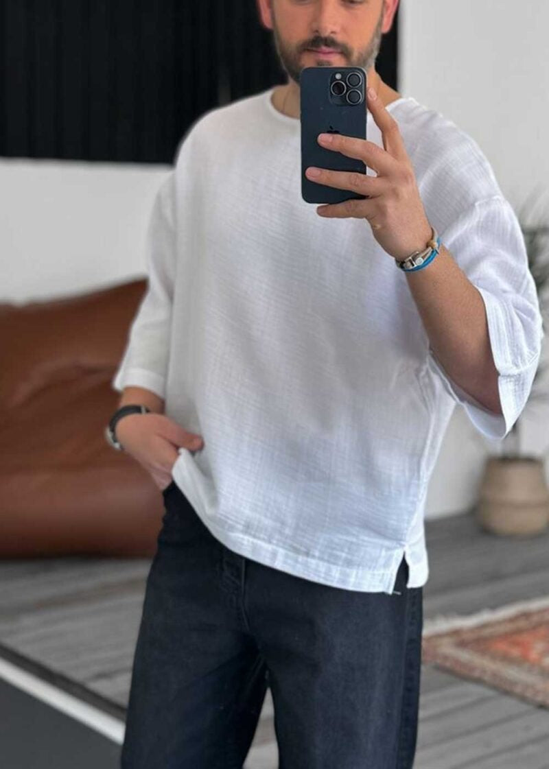 Three-Quarter 3/4 Sleeve T-Shirt σε Ύφανση Μουσελίνα – Λευκό – 5