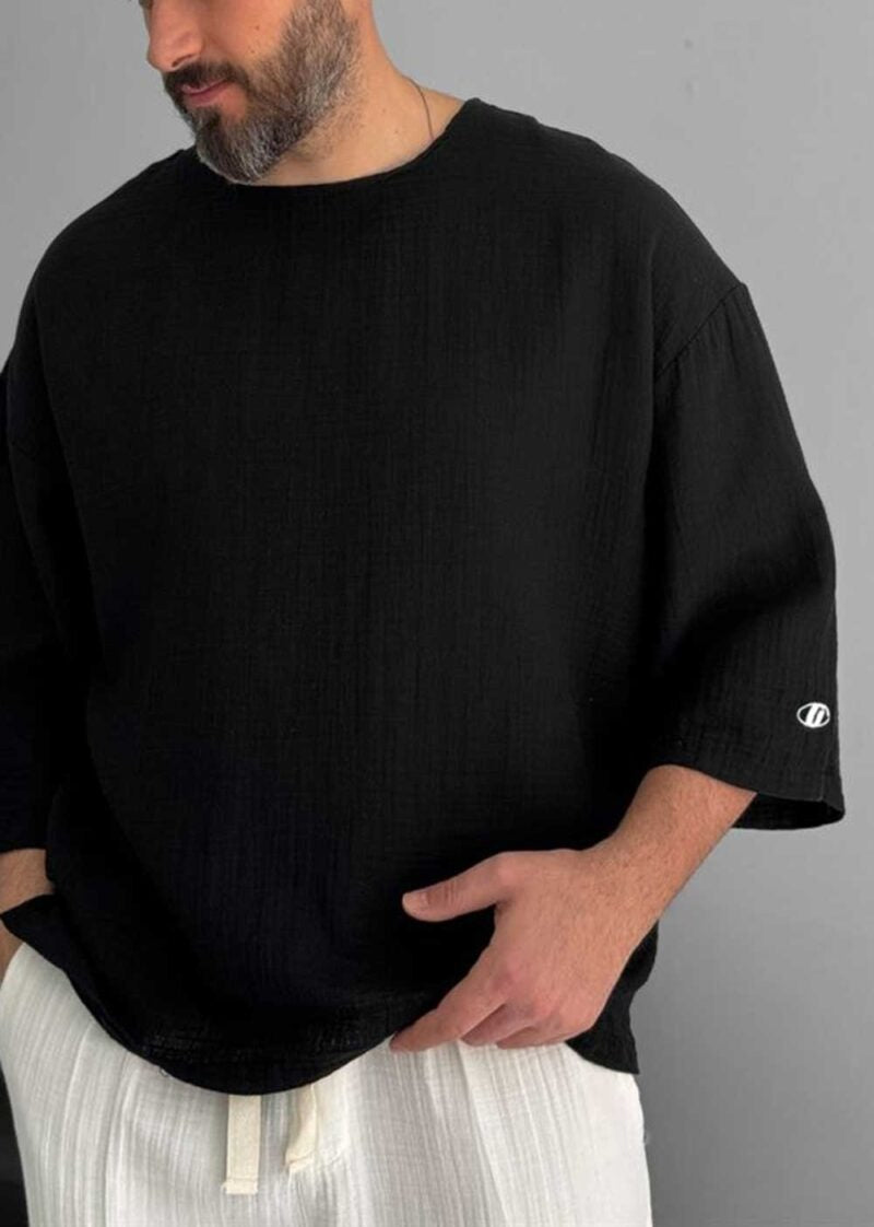 Three-Quarter 3/4 Sleeve T-Shirt σε Ύφανση Μουσελίνα – Μαύρο – 6
