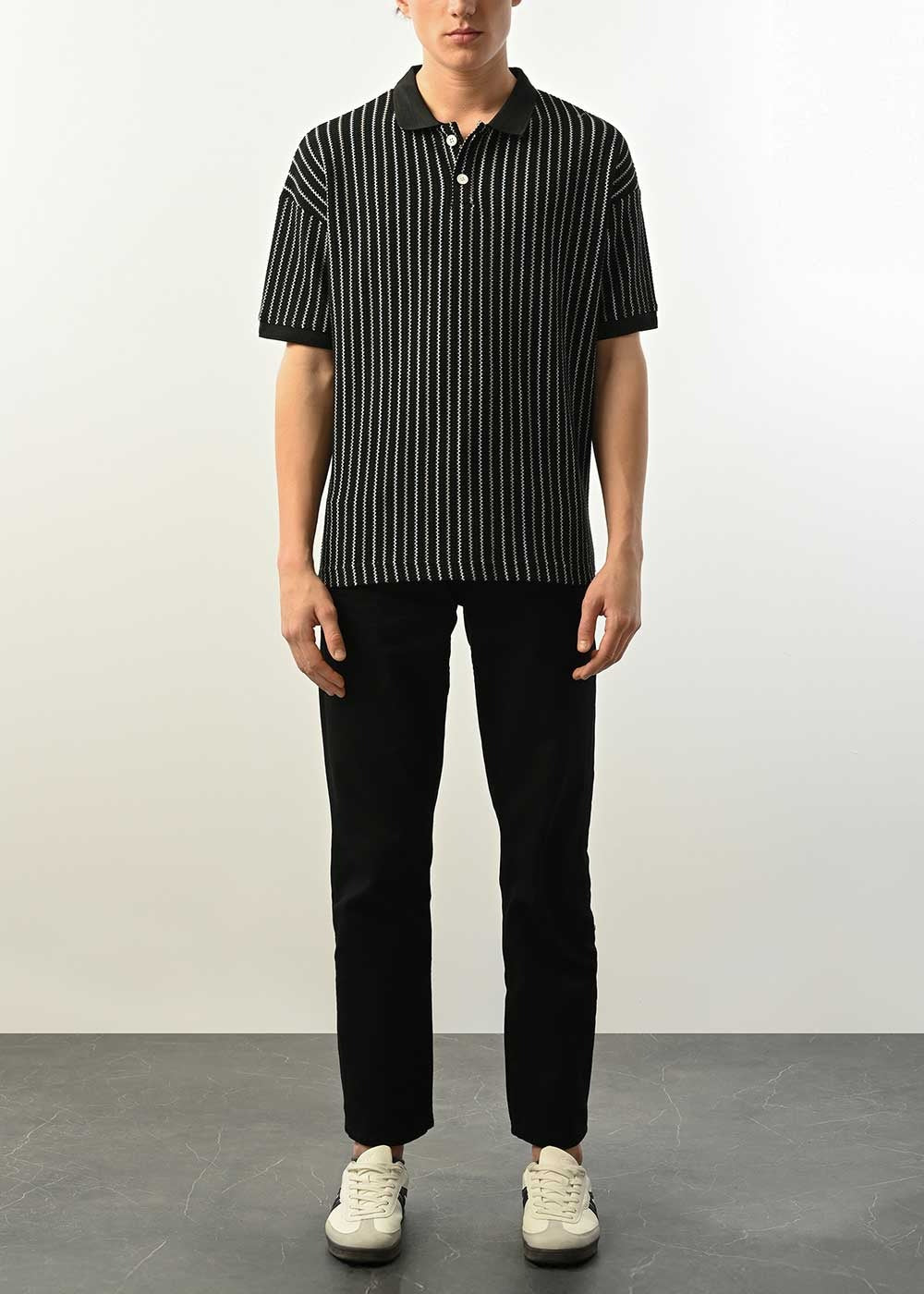 Ρετρό Ριγέ Πλεκτό Polo T-Shirt - Μαύρο – 5