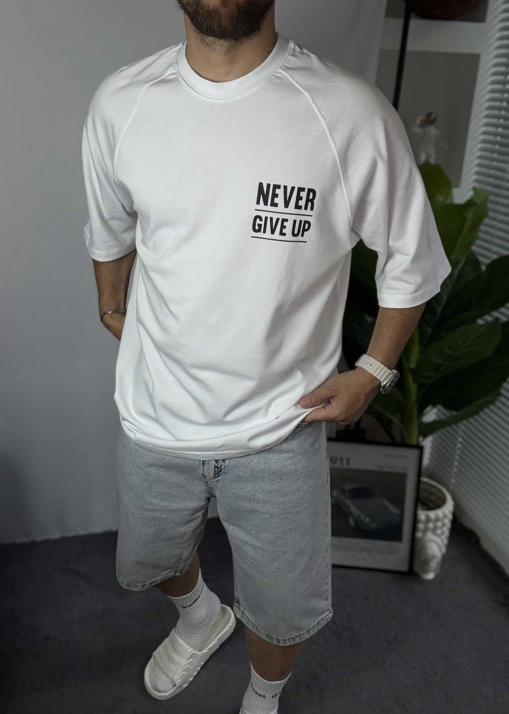 Oversized T-Shirt Never Give Up – Λευκό – 8