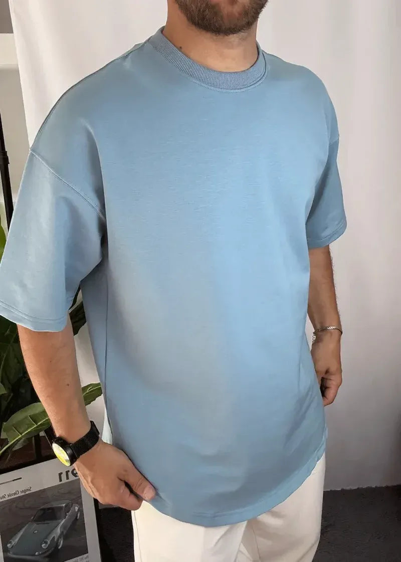Basic Oversized T-Shirt Με Οβάλ Τελείωμα Σε Ύφανση Δύο Κλωστών – Γαλάζιο – 7