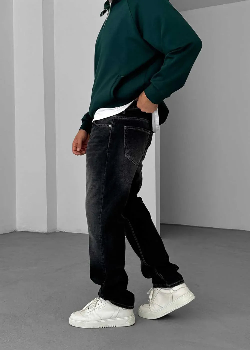 Baggy Denim Τζιν Παντελόνι Με Ραφές Και Ξεβαμμένο Εφέ – Ανθρακί – 4