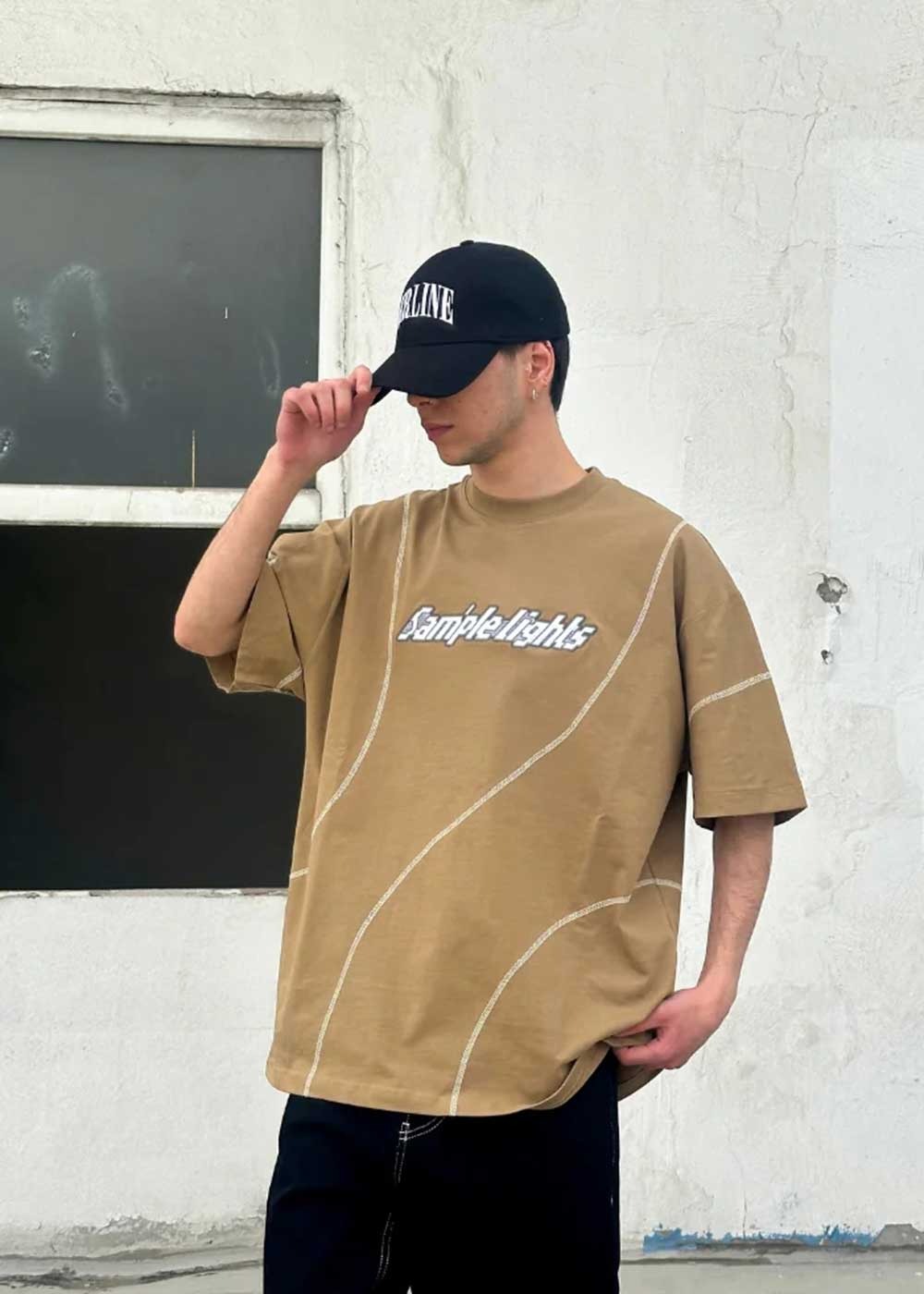 Oversized T-Shirt με Αντίστροφο Κέντημα και Διακοσμητικές Ραφές - Σκούρο Μπεζ – 4