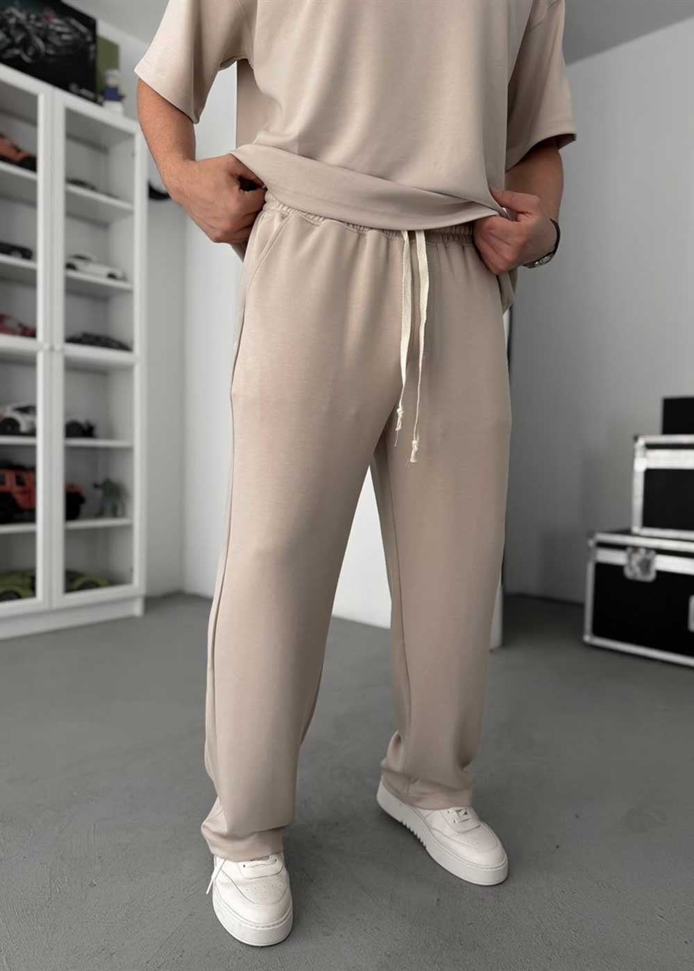Embossed Modal Oversized T-Shirt & Relaxed Jogger Σετ – Μπεζ – 7