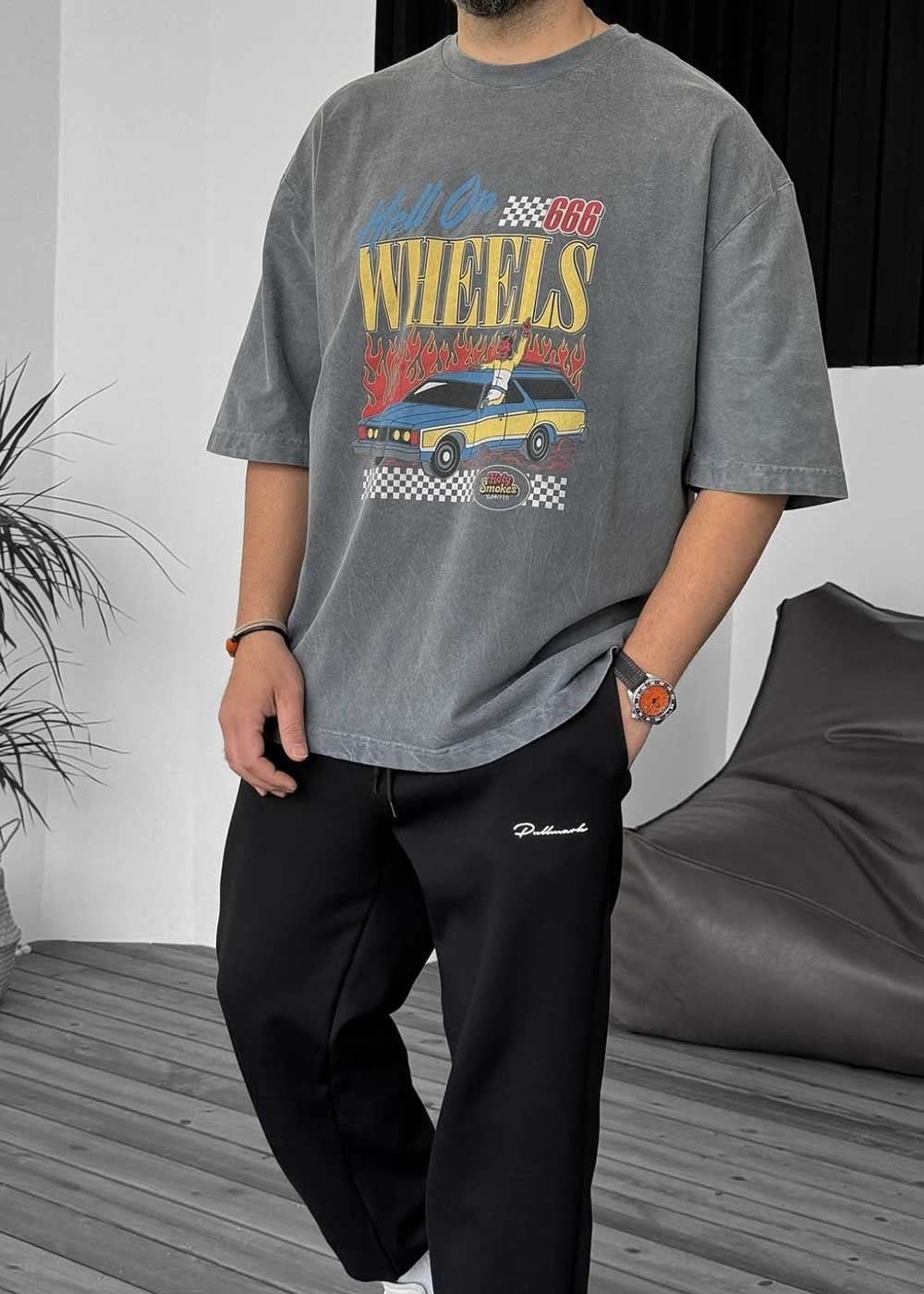 Hell On Wheels Oversize T-Shirt - Ξεβαμμένο Γκρι