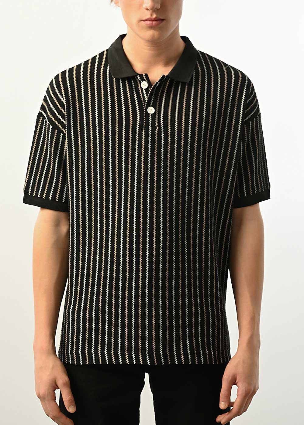 Ρετρό Ριγέ Πλεκτό Polo T-Shirt - Μαύρο