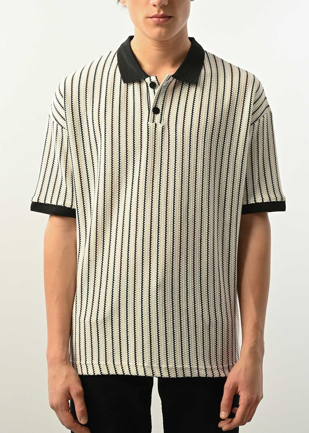Ρετρό Ριγέ Πλεκτό Polo T-Shirt - Μπεζ – 5
