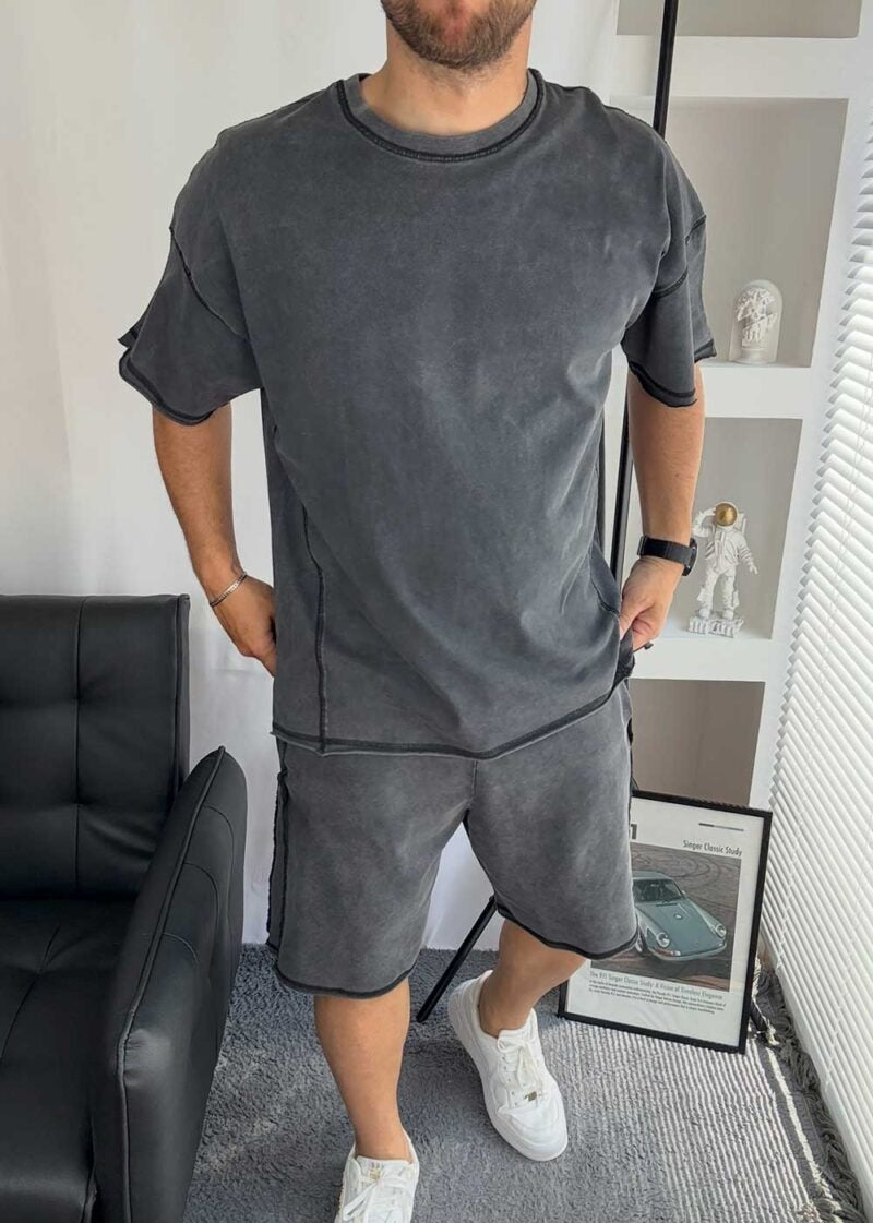 Faded Oversized Tshirt Με Ραφές – Ανθρακί Ξεβαμμένο
