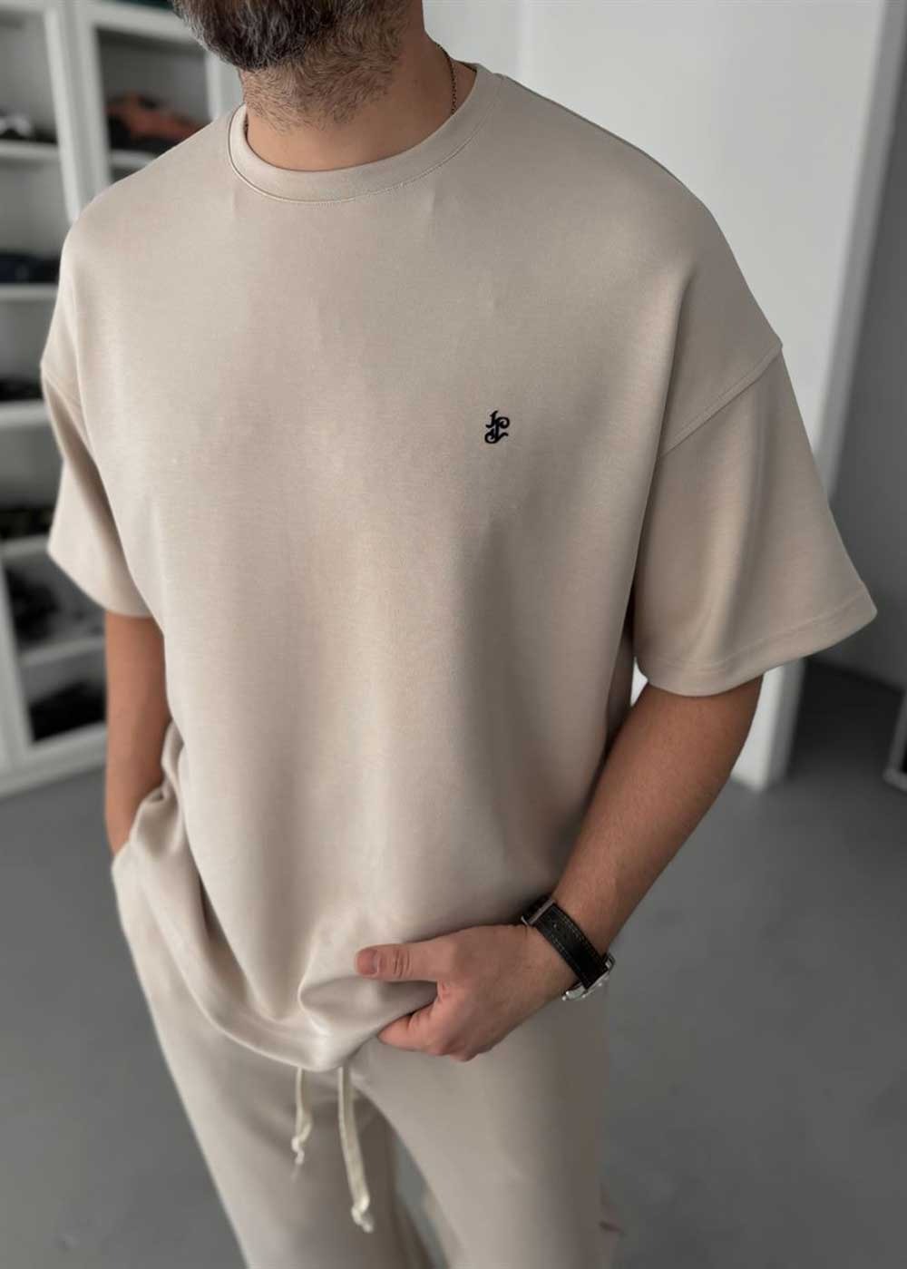 Embossed Modal Oversized T-Shirt & Relaxed Jogger Σετ – Μπεζ – 8