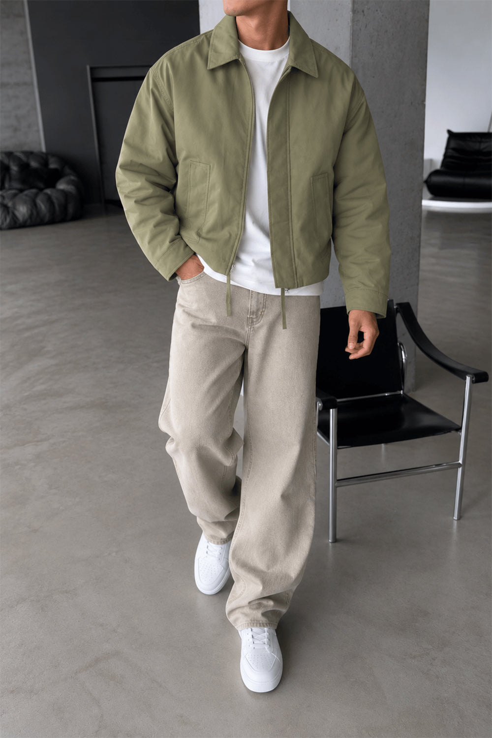 Τζάκετ Premium Suede Bomber Crop με Γιακά – Χακί