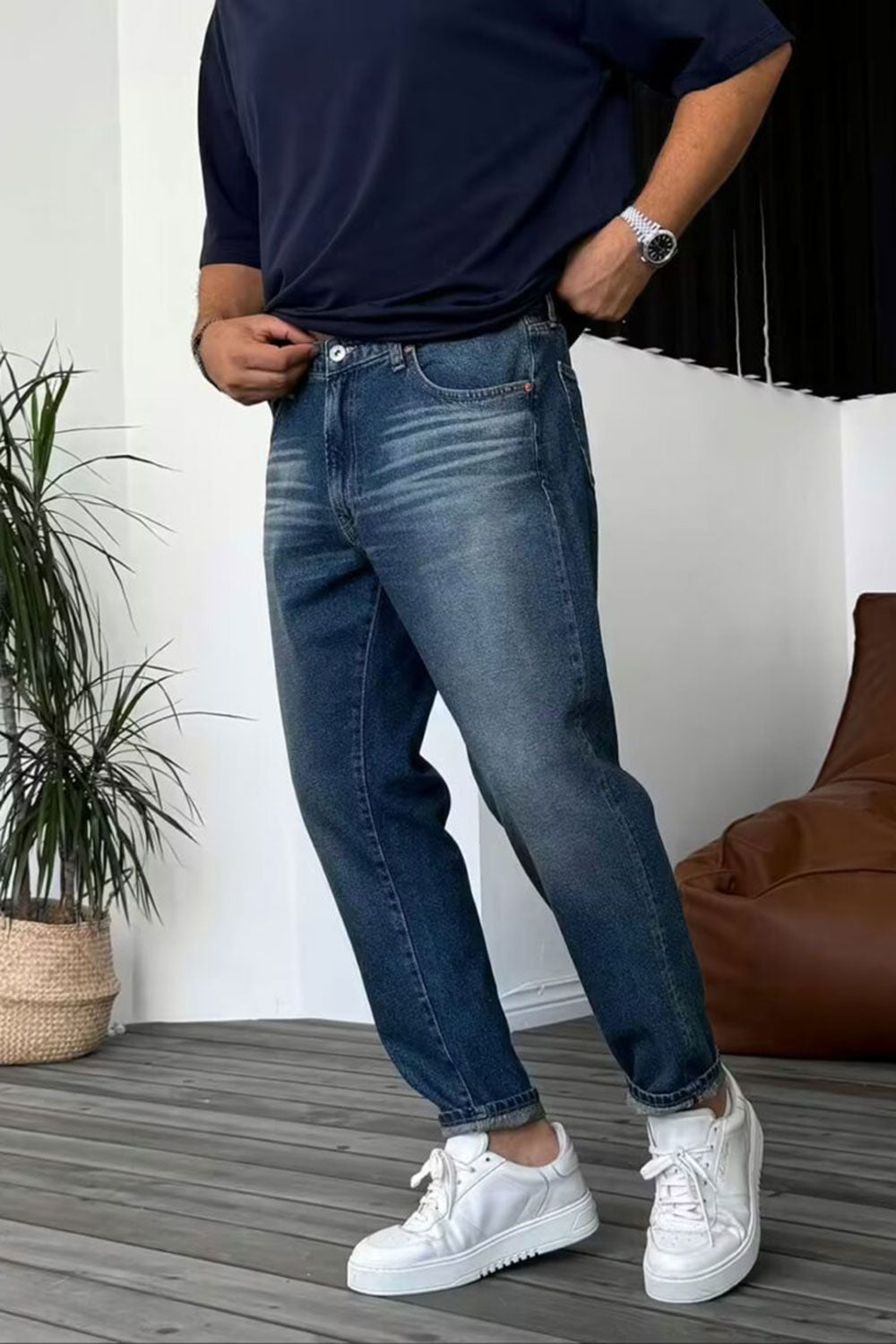 Παντελόνι Τζιν Loose Fit Πετροπλυμένο Με Εφέ Ξεβαμμένου - Σκούρο Μπλε