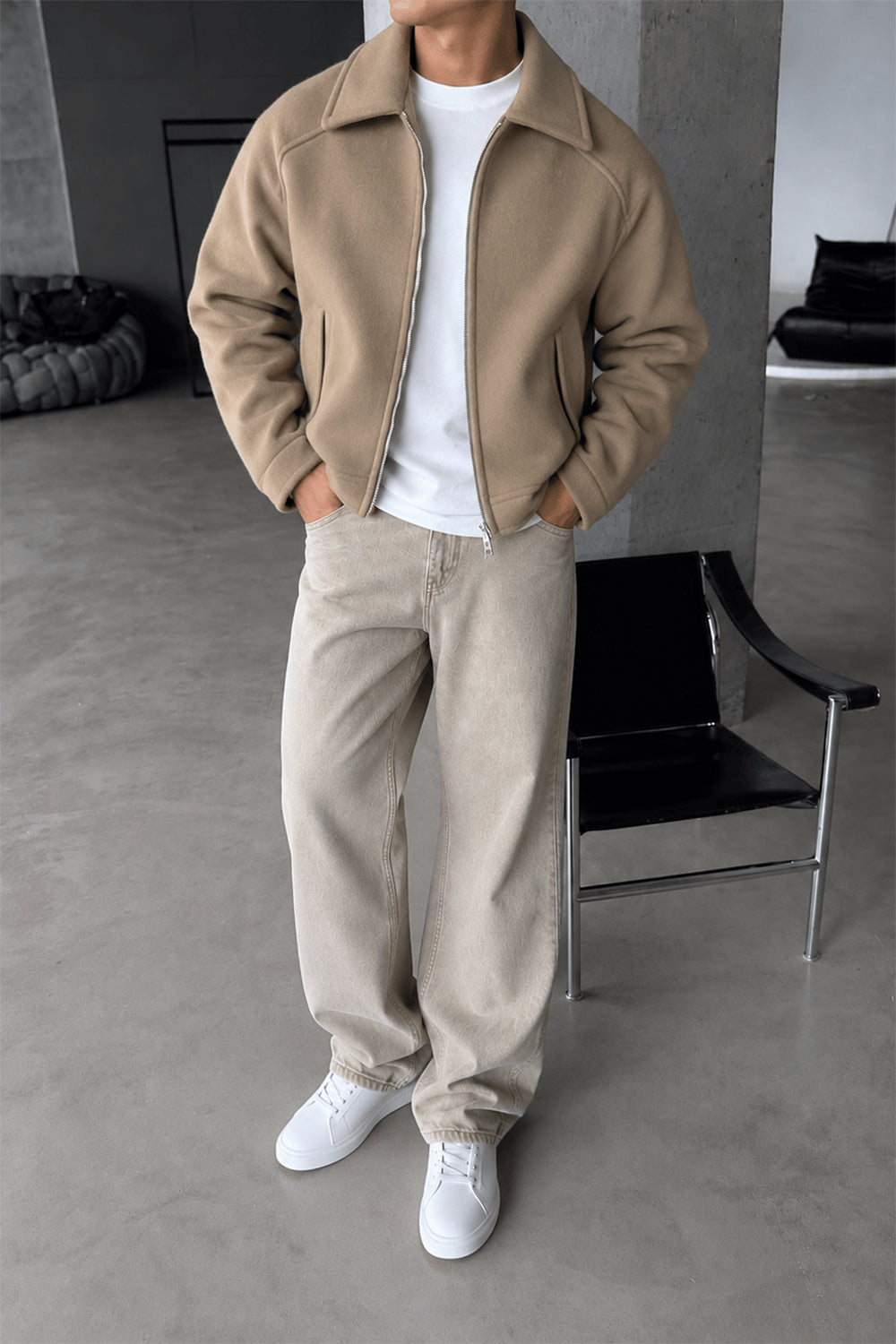 Ανδρικό Bomber Jacket με Μάλλινη Υφή – Μπεζ